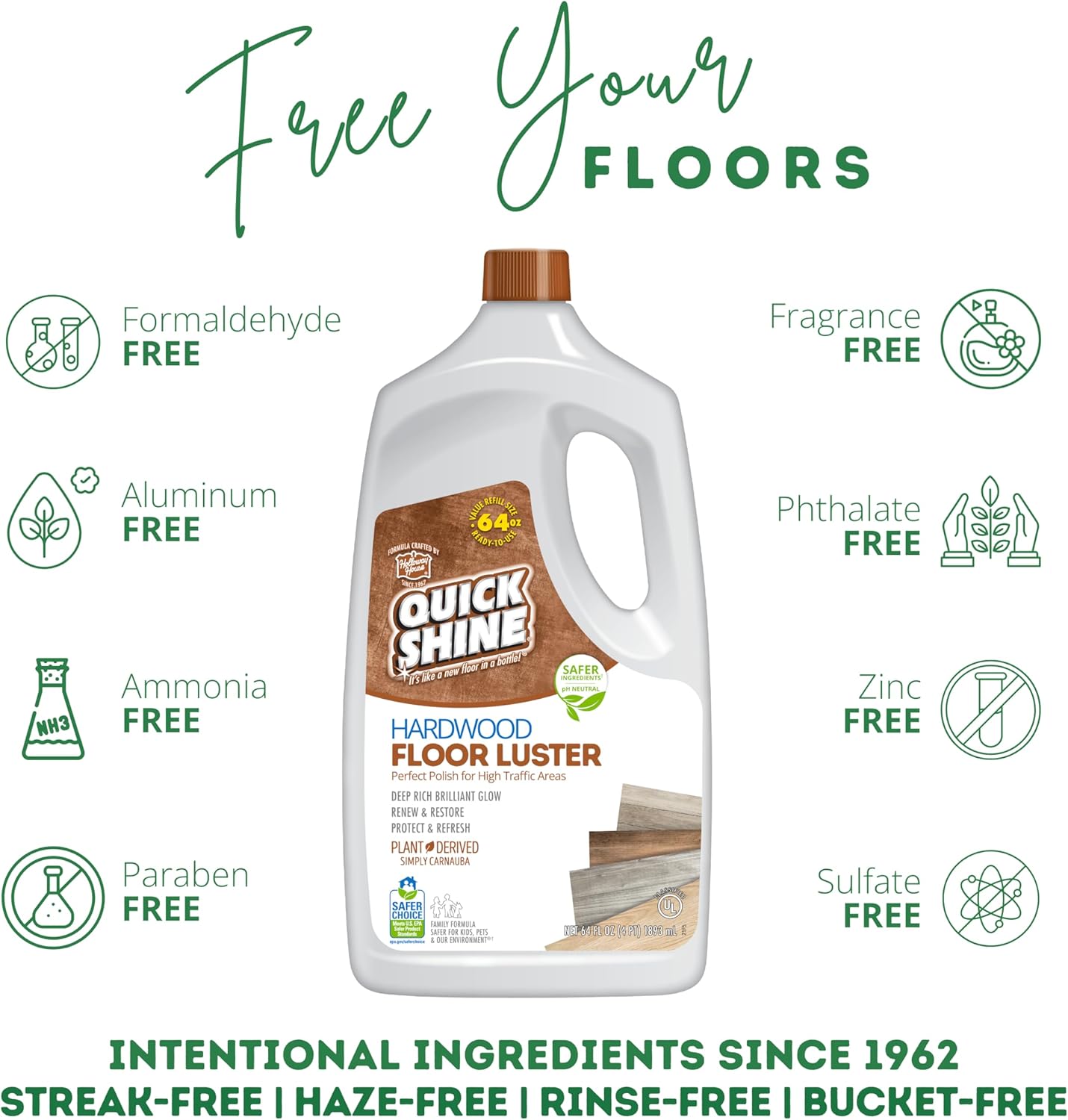 Quick Shine Hardwood Floor Luster-Polish 64oz | Plant-Derived w/Carnauba | Safer Choice, No PFAS, pH Neutral | Ready to Use Formula w/Anti-Slip Technology | Simply Squirt & Spread | Made in USA - Image 4