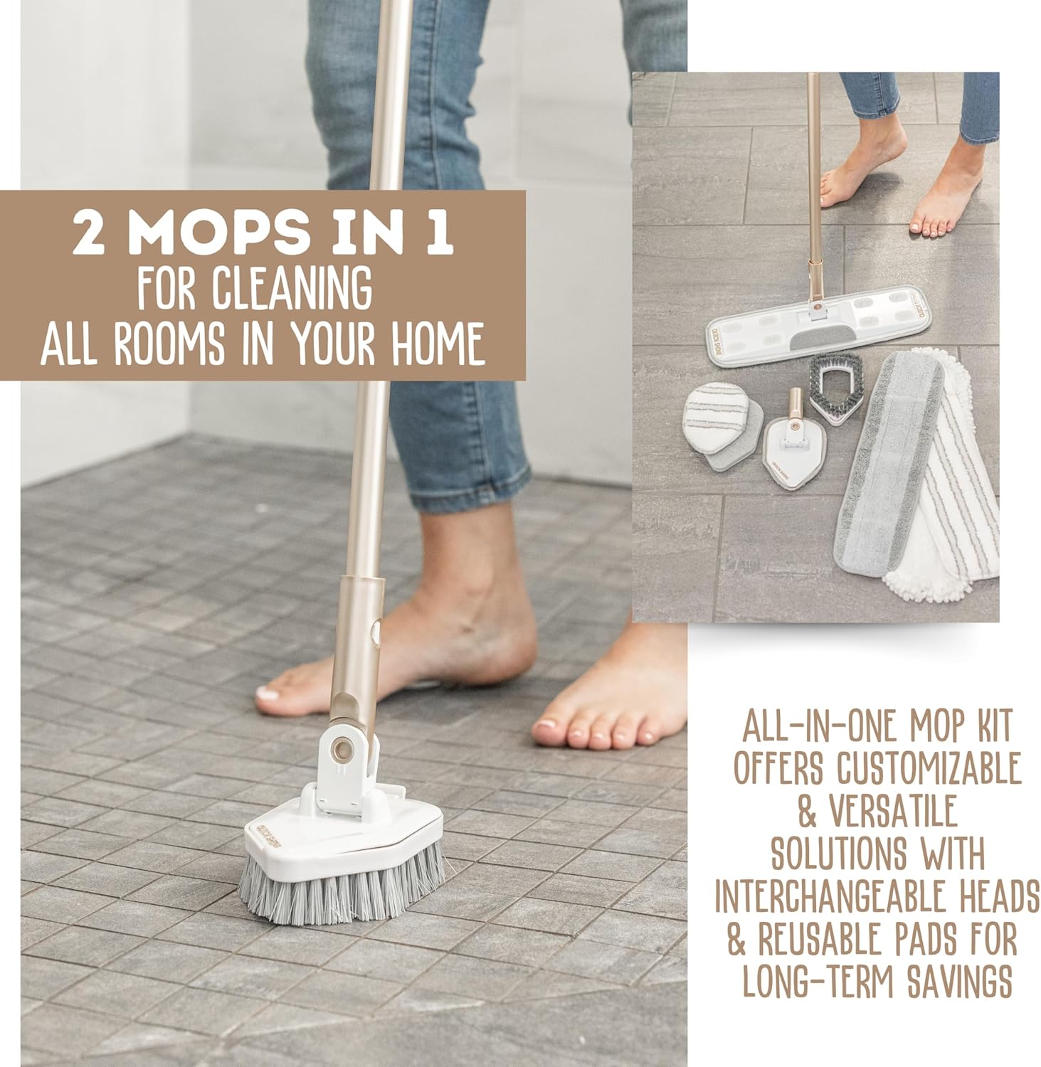 Quick Shine Ultimate Gold Clean + Polish Mop Kit | All-in-One 10 Pc Kit w/Interchangeable Attachments | Floor Polish Included | No Batteries Needed | Pro Cleaning for Hardwood Floors | 2-in-1 Mop - Image 5