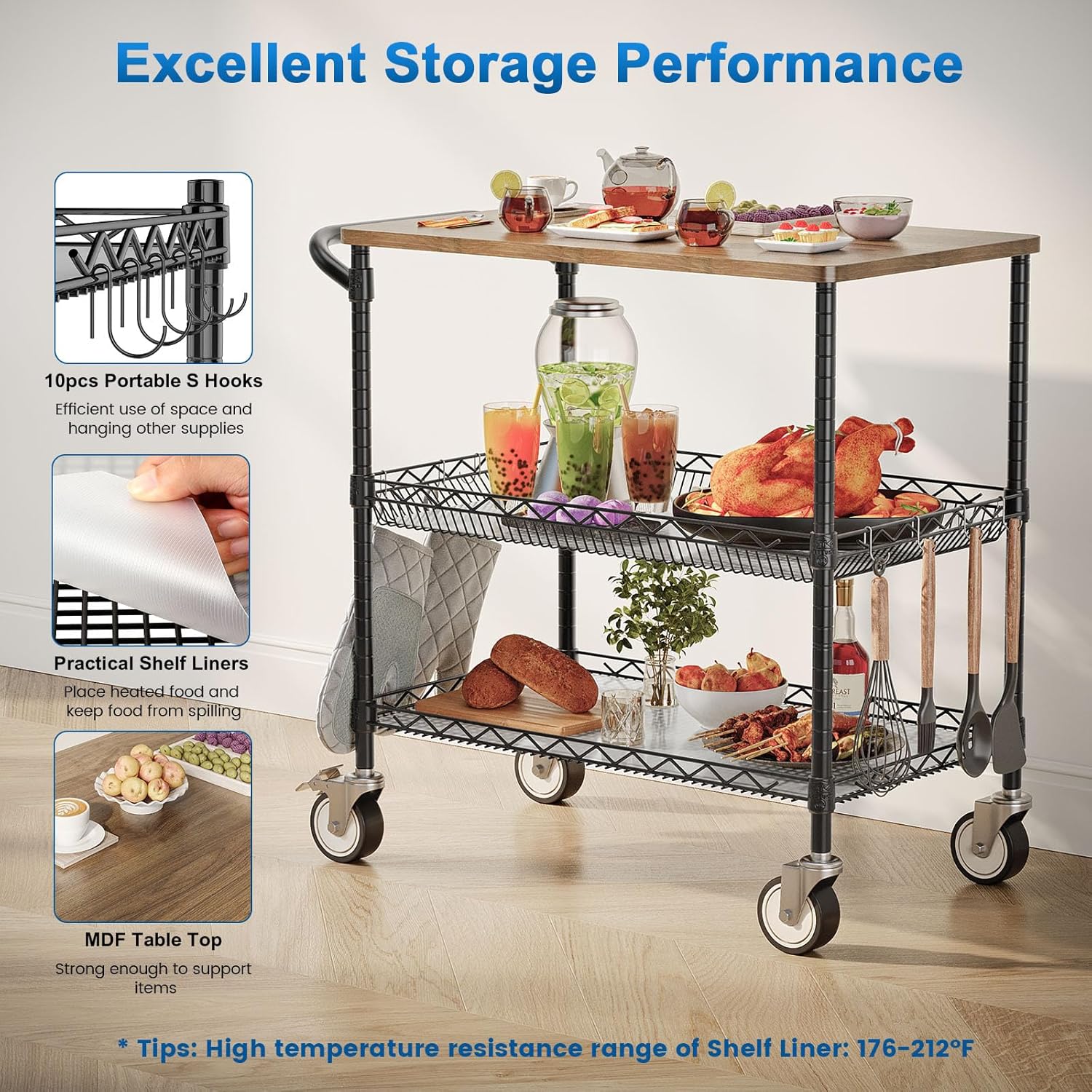 Leteuke Rolling Kitchen Carts with Wheels, 34" L x 17.5" W, 3-Tier Heavy Duty Utility Cart with Wood Tabletop, NSF Commercial Metal Serving Cart with Handle and Shelf Liner for Kitchen, Black - Image 6