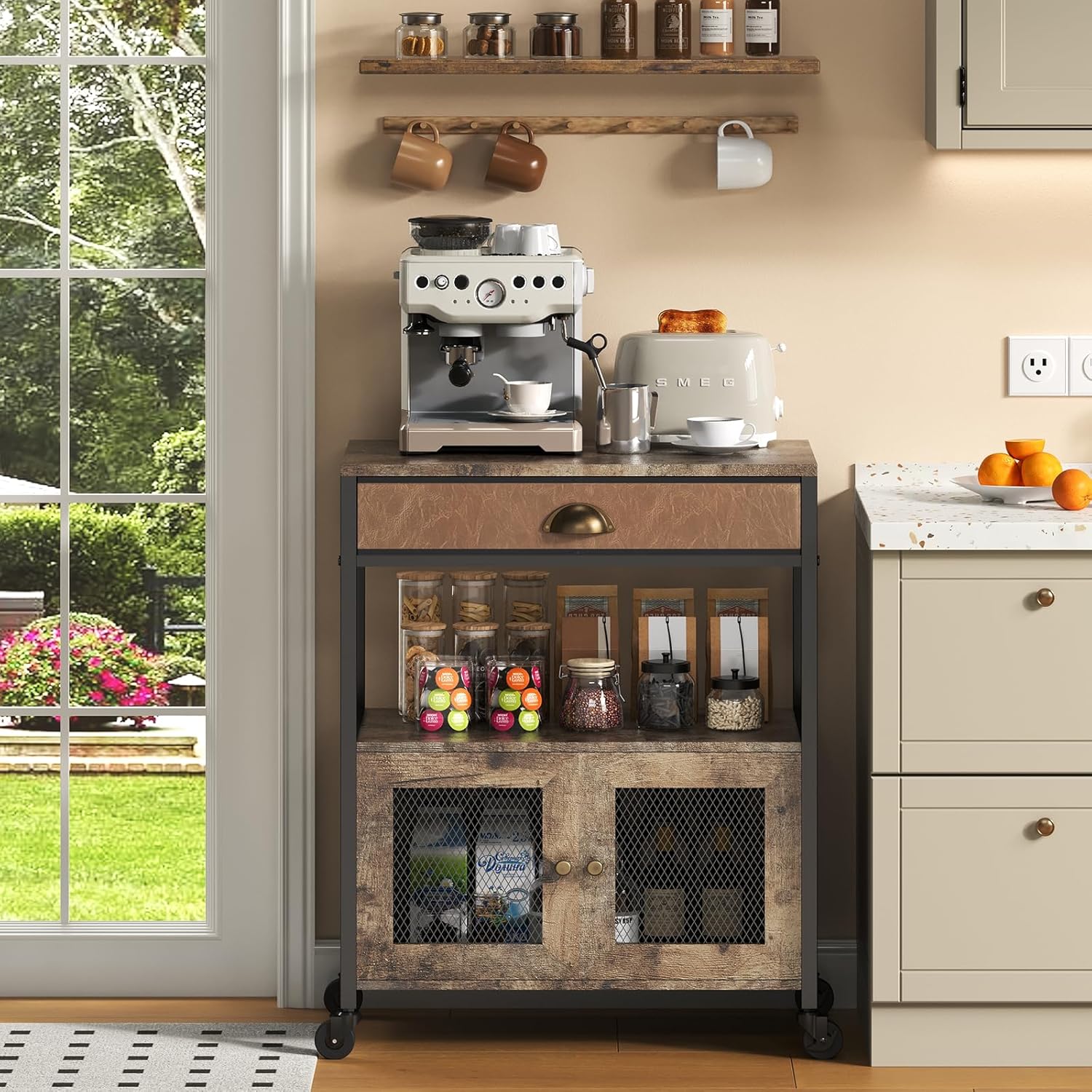 X-cosrack Coffee Bar Cabinet,3 Tiers Kitchen Coffee Cart with Drawer for The Home, Movable Farmhouse Ktichen Station Table on Wheels for Living Room, Entryway, Dining Room, Kitchen - Image 6