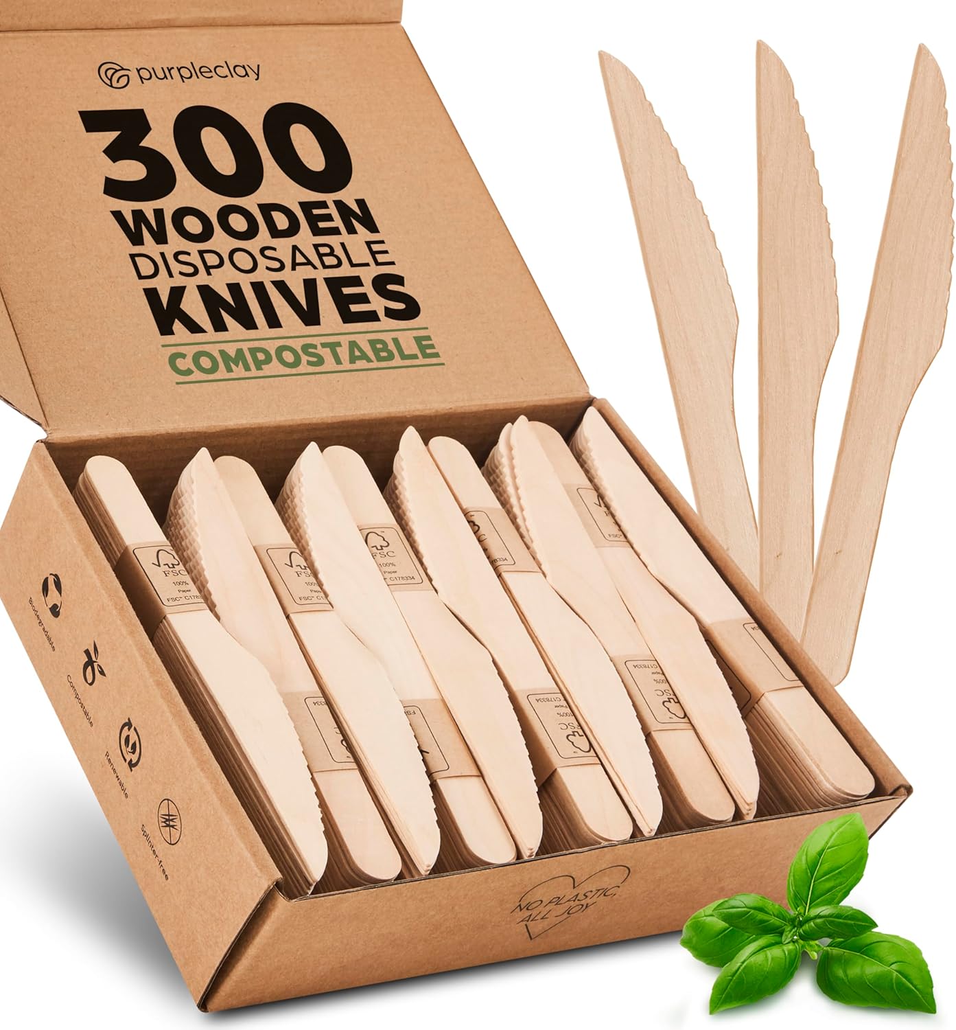 Wooden Disposable Knives - 300 Piece Wood Compostable Knives - Eco-Friendly Biodegradable Utensils for Party - Free From Plastic Cutlery Set - Disposable Cutlery for Eating - Compostable Utensils