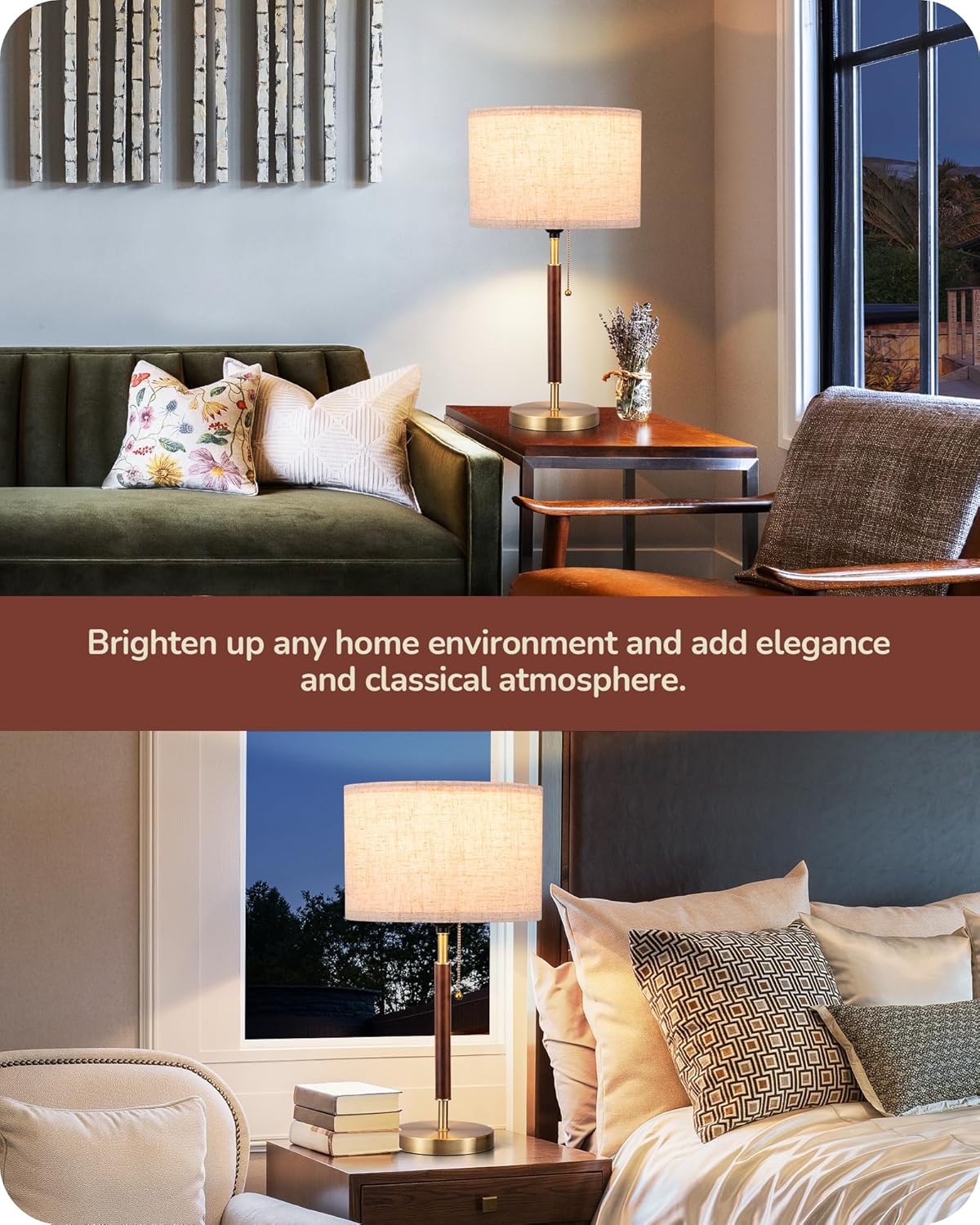 EDISHINE Mid Century Table Lamp, Bedside Lamp with Pull Chain Switch, Solid Wood & Metal Pole, Modern Nightstand Table Lamp for Living Room, Bedroom, Office, Frosted Bronze & Wood Finish - Image 7