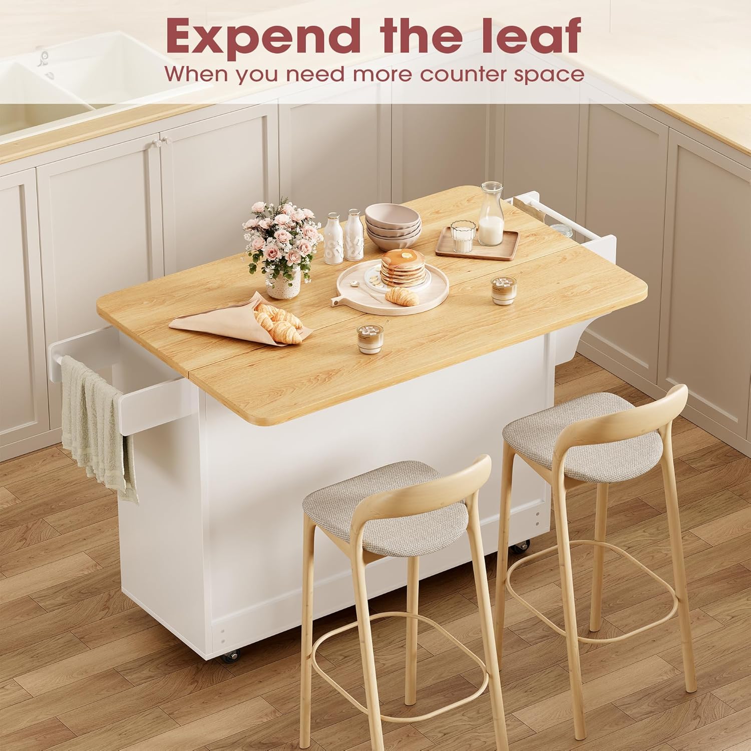 Kitchen Island with Storage, 41.7" Width Rolling Cart with Drawer, Rolling Kitchen Island on Wheels with Drop Leaf, Towel Rack, and Drawer, White, 41.7" L x 29.5" W - Image 4