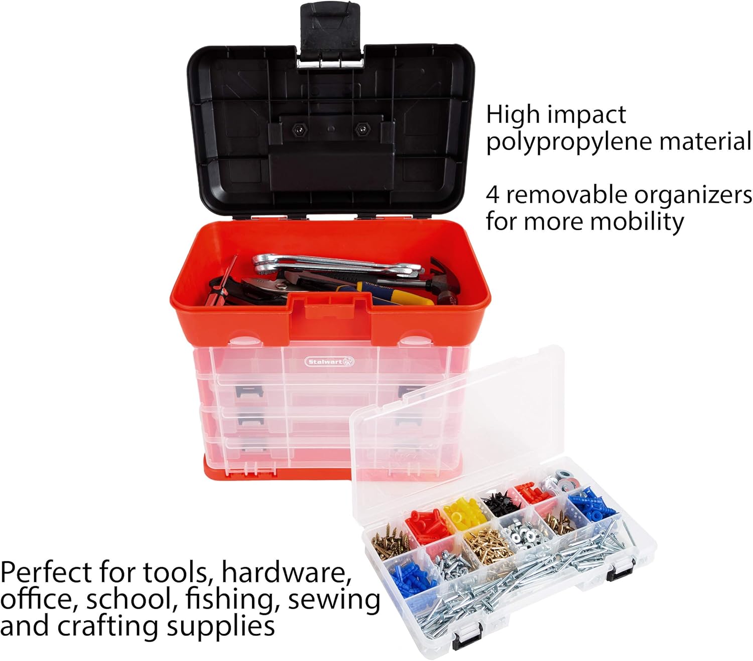 Portable Tool Storage Box - Small Parts Organizer with 4 Multi-Compartment Trays for Fishing Tackle, Hand Tools, or Craft Supplies by Stalwart - Image 4