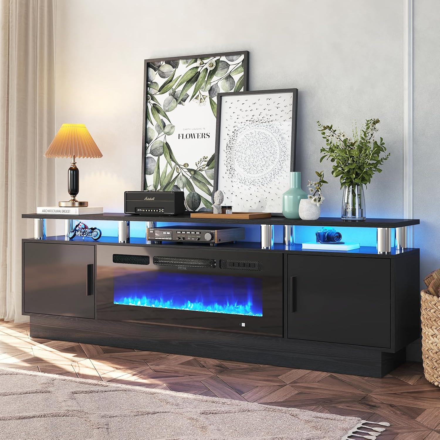 70" TV Stand for Living Room, Modern Entertainment Center & Media Console, Fits TVs up to 80", Storage Cabinet with Shelves, 36" Electric Fireplace with LED Flame (All Black) - Image 9