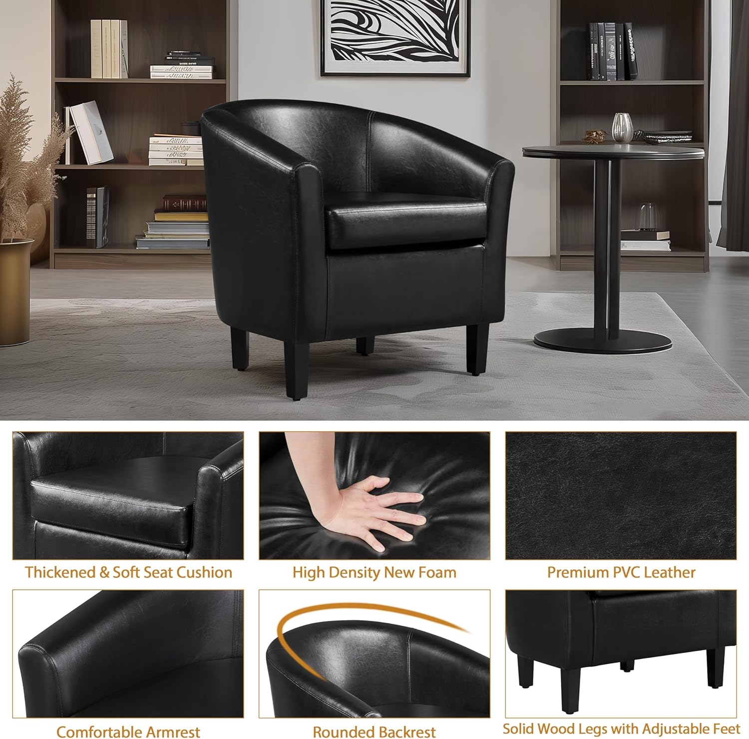Yaheetech Barrel Chairs Set of 2, Faux Leather Club Armchairs, PU Leather Accent Chairs with Soft Padded Seat for Living Room Bedroom Waiting Reading Room, Black - Image 4