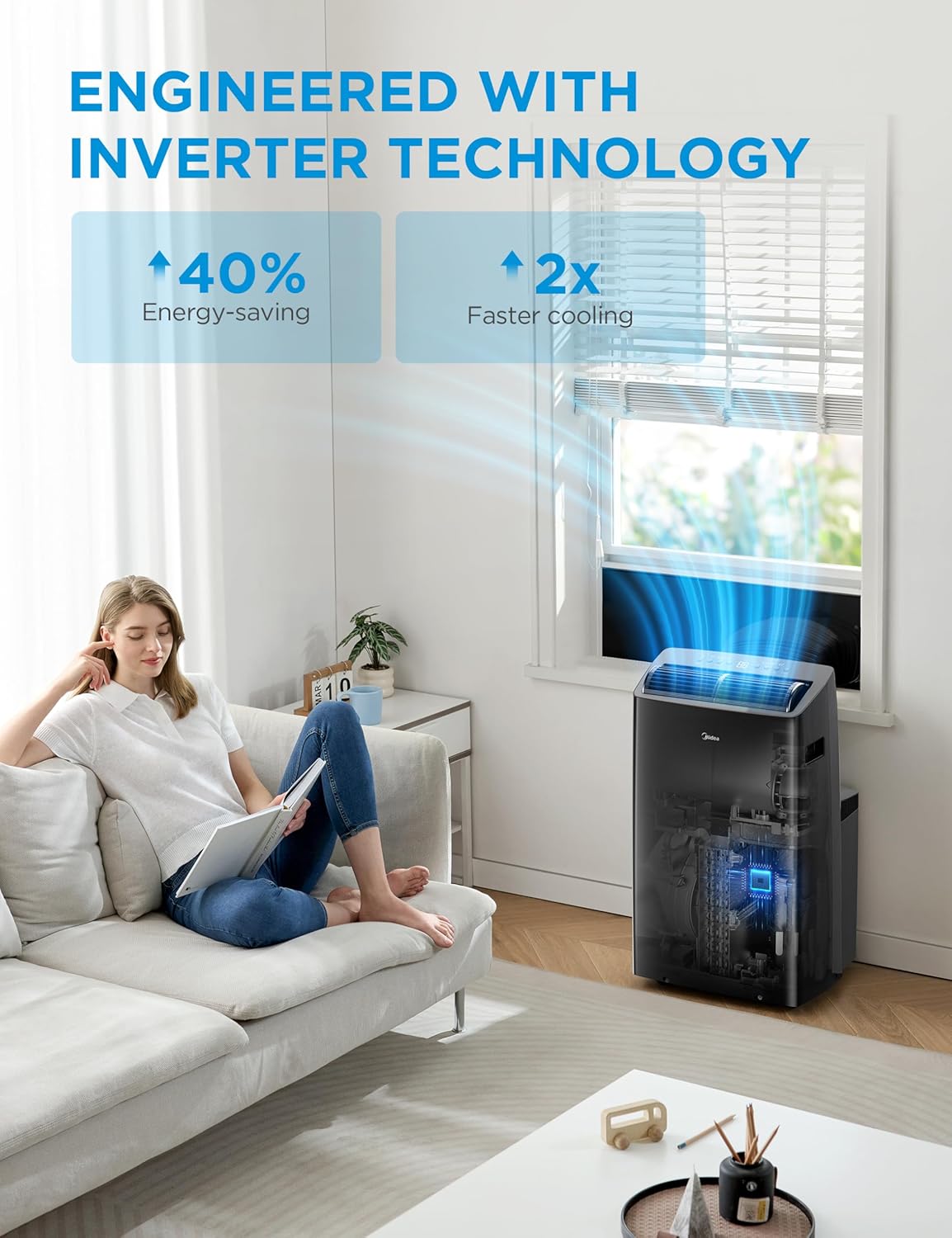 Midea Duo 14,000 BTU (12,000 BTU SACC) High Efficiency Inverter Ultra Quiet Portable Air Conditioner, with Heat up to 550 Sq. Ft., Works with Alexa/Google Assistant, with Remote Control & Window Kit - Image 4