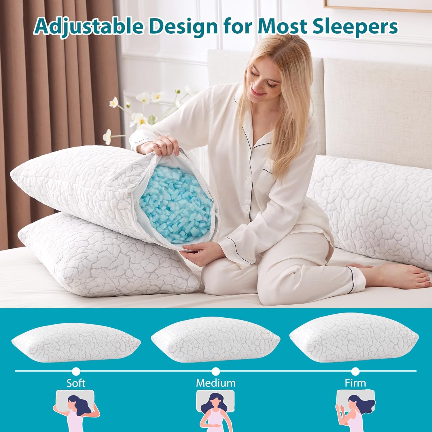 Cooling Pillows for Sleeping 2 Pack, Adjustable Shredded Memory Foam Pillows Queen Size Set of 2, Firm Bed Pillows for Side Back Stomach Hot Sleepers, Cold Pillow with Removable Washable Cover - Image 3