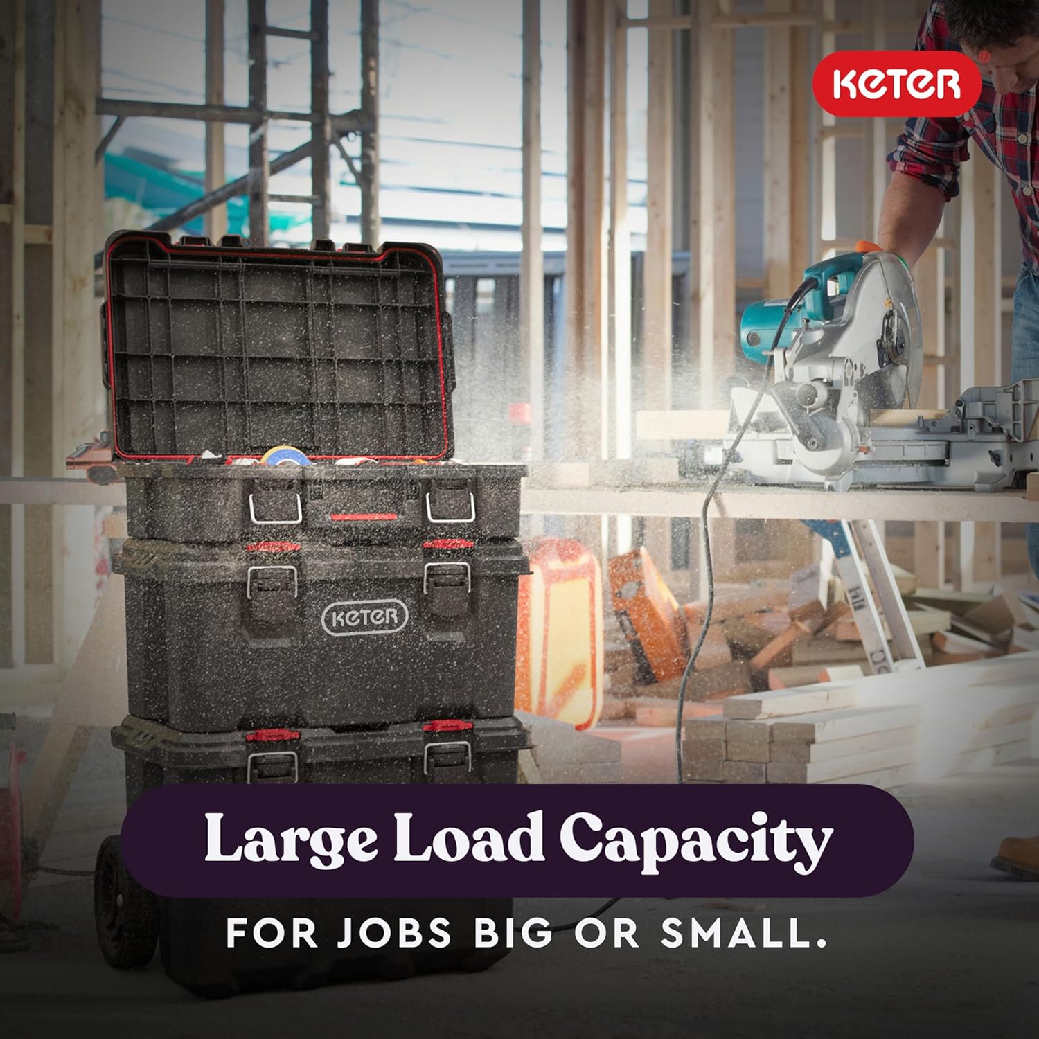 Keter Stack-n-Roll Modular Tools Organizer for Garage Storage and DIY, 3 Piece Resin Rolling Tool Box System for Small Parts, Black - Image 8