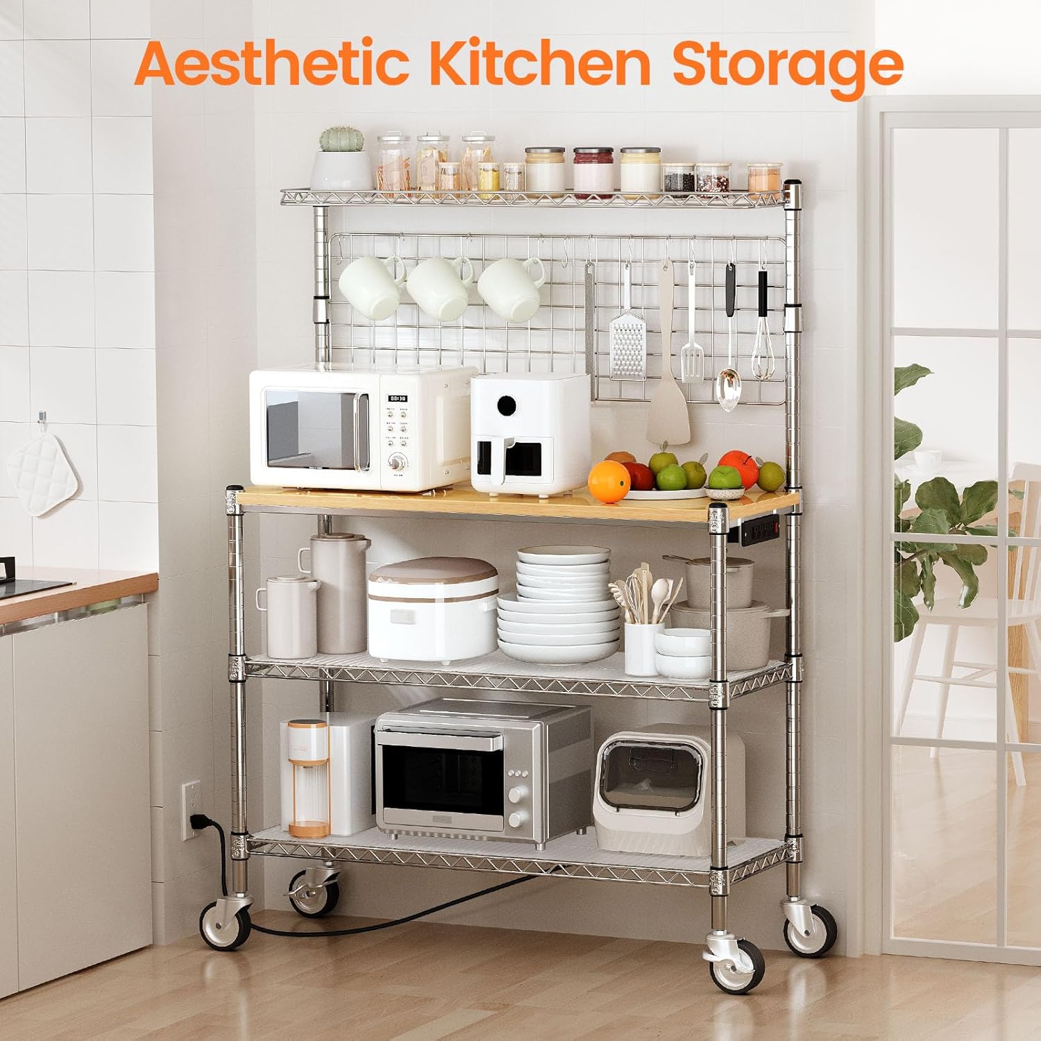 Leteuke Bakers Rack with Power Outlet & Storage, 36 Inch Microwave Stand Kitchen Cart, 4-Tier Metal Kitchen Shelves Cart with Wheels & 20 S-Hooks for Kitchen, NSF Certified, 63 x 18 x 36 Inch-Chrome - Image 2