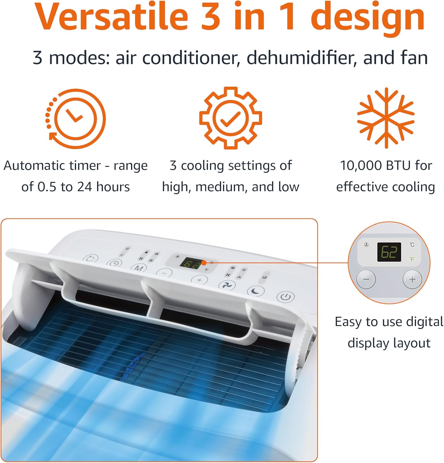Amazon Basics 3-In-1 Portable Air Conditioner with Remote, Timer, Sleep Mode, Auto Swing, Dehumidifier, 10000 BTU (ASHRAE)/6000 BTU (SACC), Cools Bedroom Up to 450 Sqf, White - Image 3