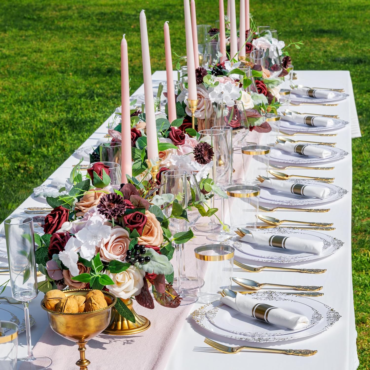 Nervure 350PCS Gold Plastic Plates - Gold Plastic Dinnerware Sets for 50 Guests - 100 Disposable Plates, 150 Silverware, 50 Cups, 50 Napkins for Wedding & Party - Image 5