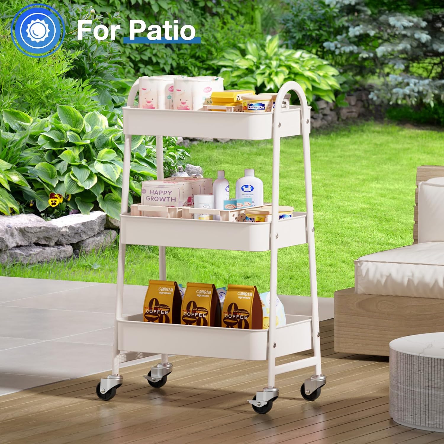 OLIXIS 3 Tier Utility Rolling Cart, Metal Mobile Storage Shelf with Lockable Caster Wheels, Organization for Livingroom, Bathroom & Narrow Places, White - Image 7
