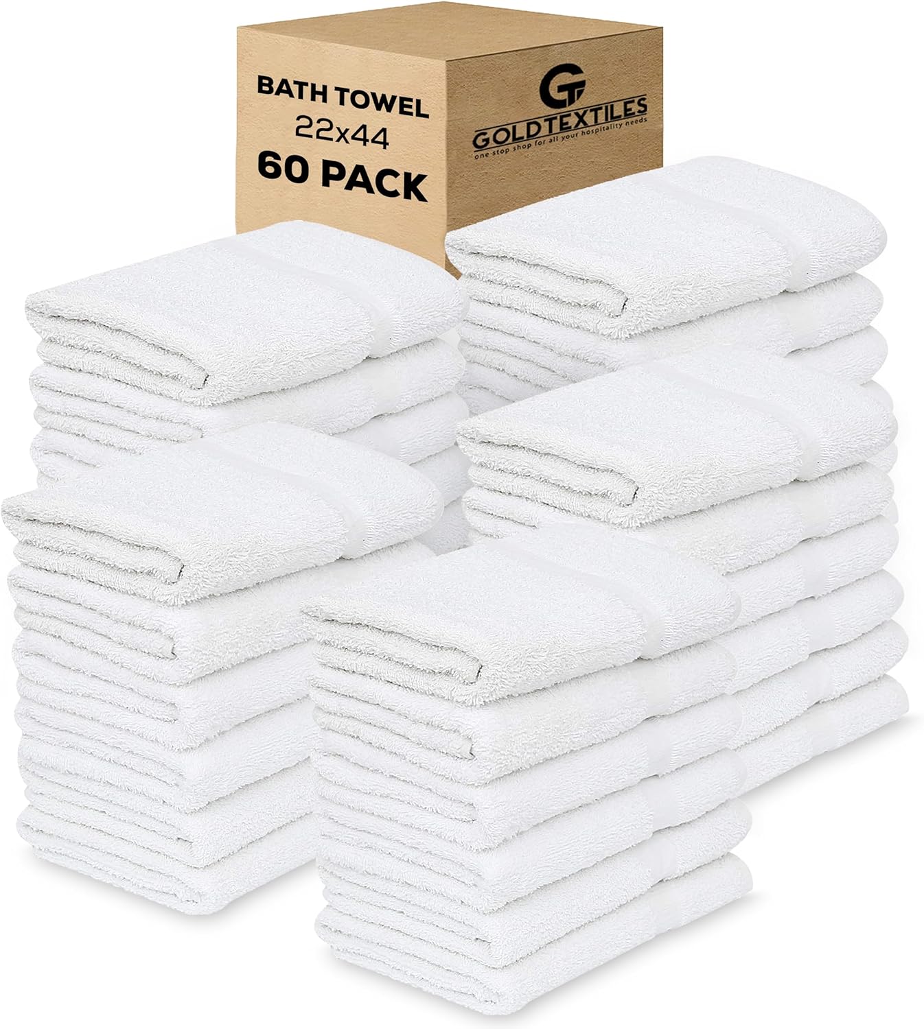 GOLD TEXTILES 60 Pack Economy White Bath Towels Bulk (22x44 Inches) Cotton Blend Multi-Purpose Hotel Towel for Commercial and Home Use – Lightweight, Easy Care & Quick Drying Towels