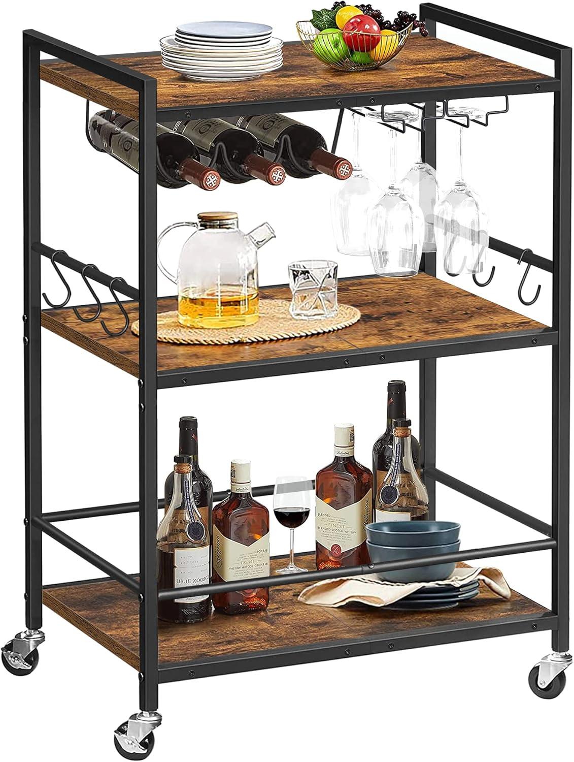 TUTOTAK Bar Cart, Serving Cart for Home, Microwave Cart, Drink Cart, Mobile Kitchen Shelf with Wine Rack and Glass Holder, Rolling Beverage Cart BC01BB030 - Image 8