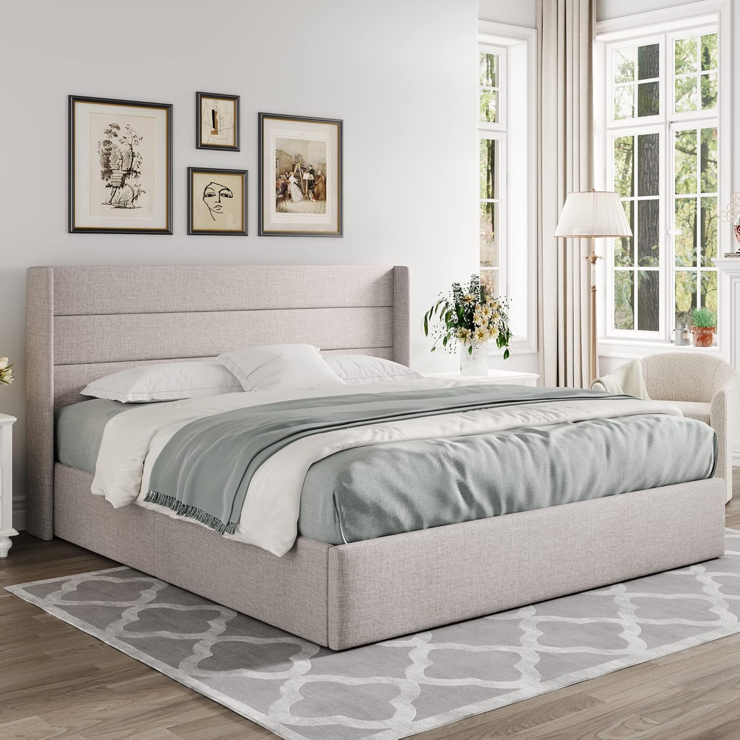 Allewie King Size Lift Up Storage Bed, Modern Wingback Headboard, Hydraulic Support, No Box Spring Needed, Light Beige - Image 8