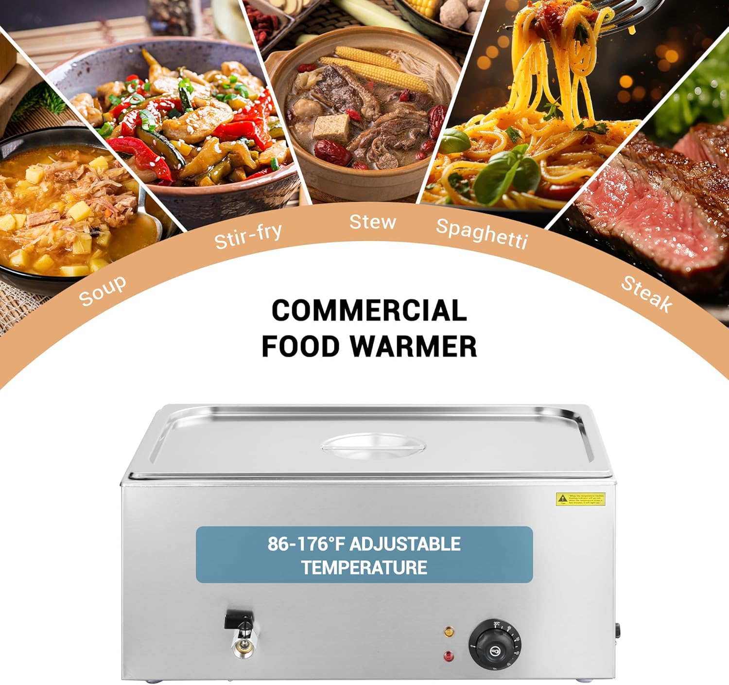 21QT 1 Pan Electric Commercial Food Warmer, 200W Stainless Steel Bain Marie Buffet Steam Table with Lid and Ladle, for Catering Restaurant, Silver - Image 6