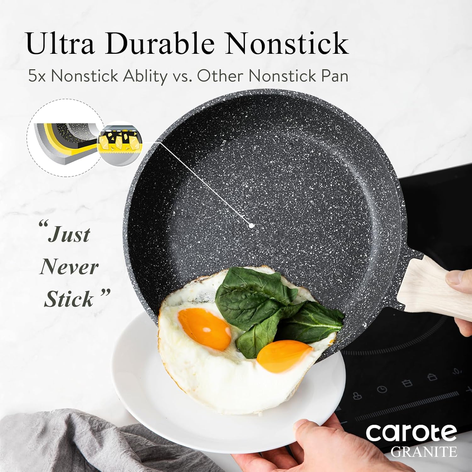 CAROTE Non Stick Frying Pan Skillet, Nonstick Granite Fry Pan with Glass Lid, Egg Pan Omelet Pans, Stone Cookware Chef's Pan, PFOA Free (Classic Granite, 10-Inch) - Image 3