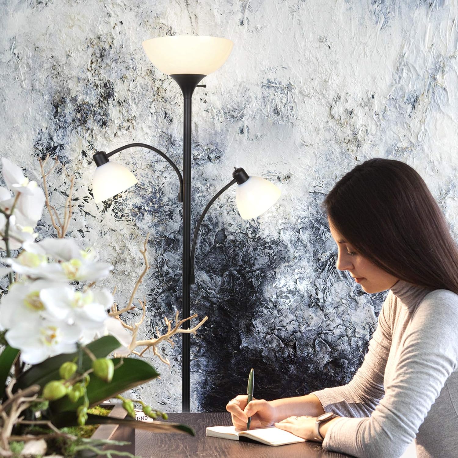 Brightech Sky Dome Double LED Floor Lamp, Torchiere Super Bright Floor Lamp with 2 Reading Lamps for Living Rooms & Offices - Dimmable Tall Standing Lamp for Bedroom Reading - Tall Black Pole - Image 7