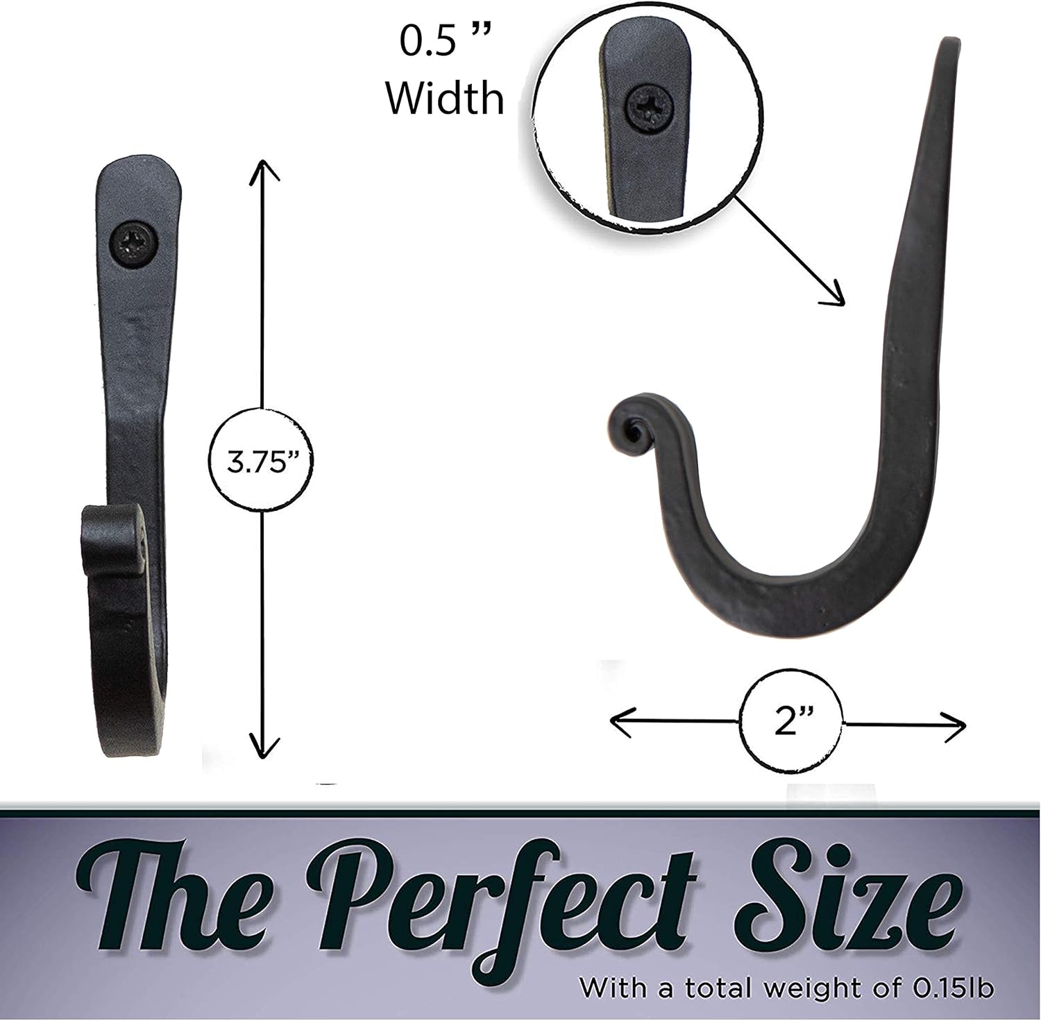 Decorative Wrought Iron Hooks for Wall - Heavy Duty Black Hooks for Hanging Coats, Bags, Hats and Towels, Rusic Wall Hangers - 3.75 x 0.5 x 2 Inch (Black, 3 Units) - Image 4