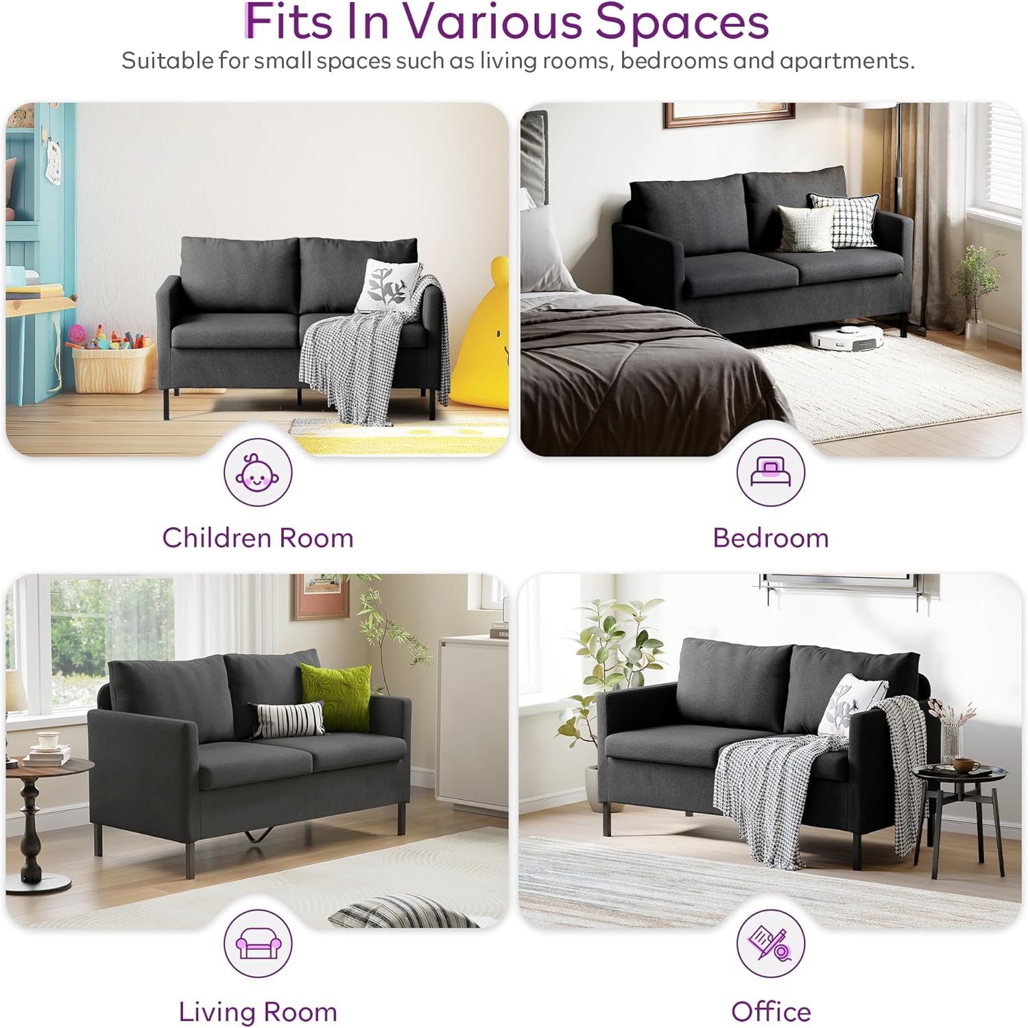 TYBOATLE Linen Fabric Modern Small Loveseat Sofa Couch for Living Room, 51" W Little Upholstered 2-Seater Mini Love Seats w/Iron Legs for Small Space, Apartment, Bedroom, Dorm, Office (Dark Grey) - Image 7