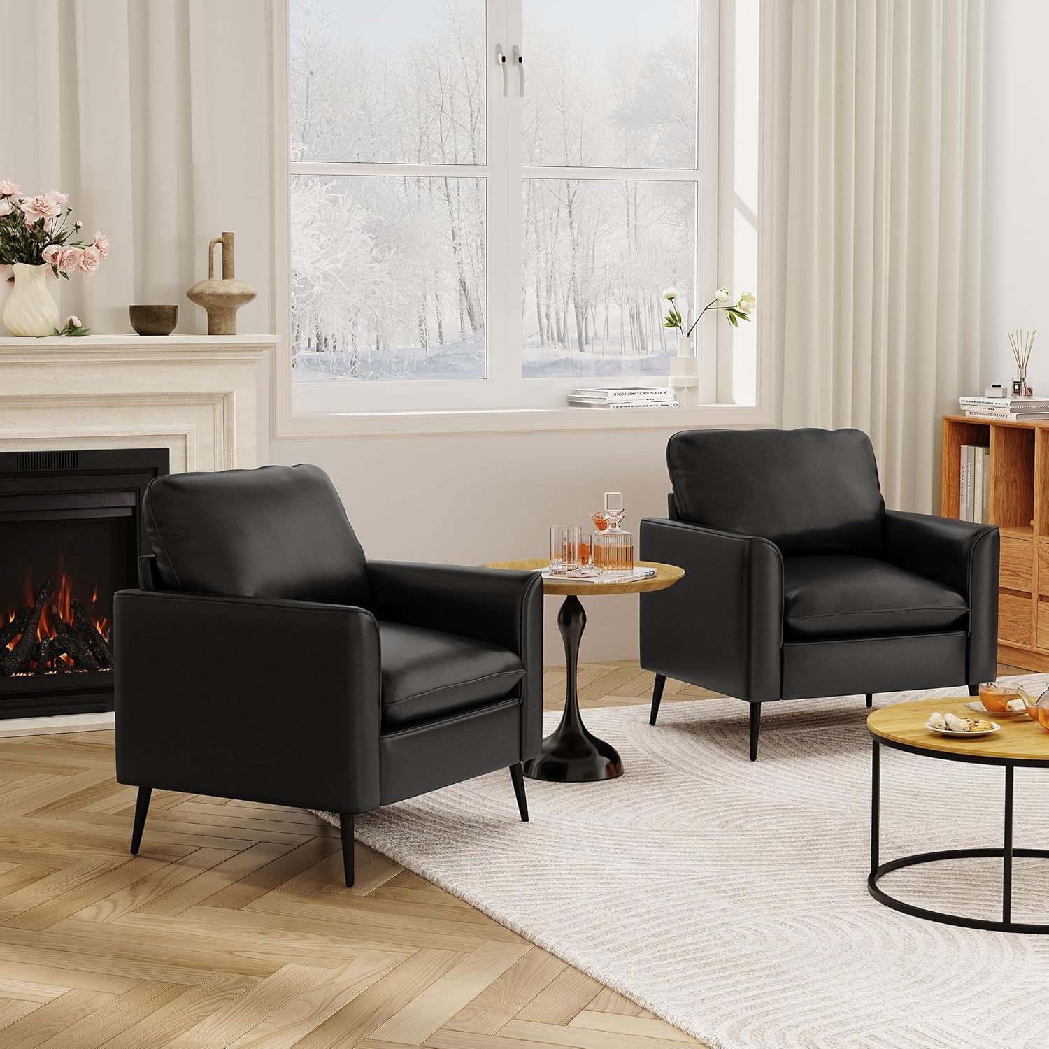 TYBOATLE Accent Chairs Set of 2, Black Leather Accent Chair, Comfy Living Room Chair, Cozy Reading Sitting Chair, Mid Century Modern Accent Chairs, Arm Reception Chairs, Office Furniture - Image 3