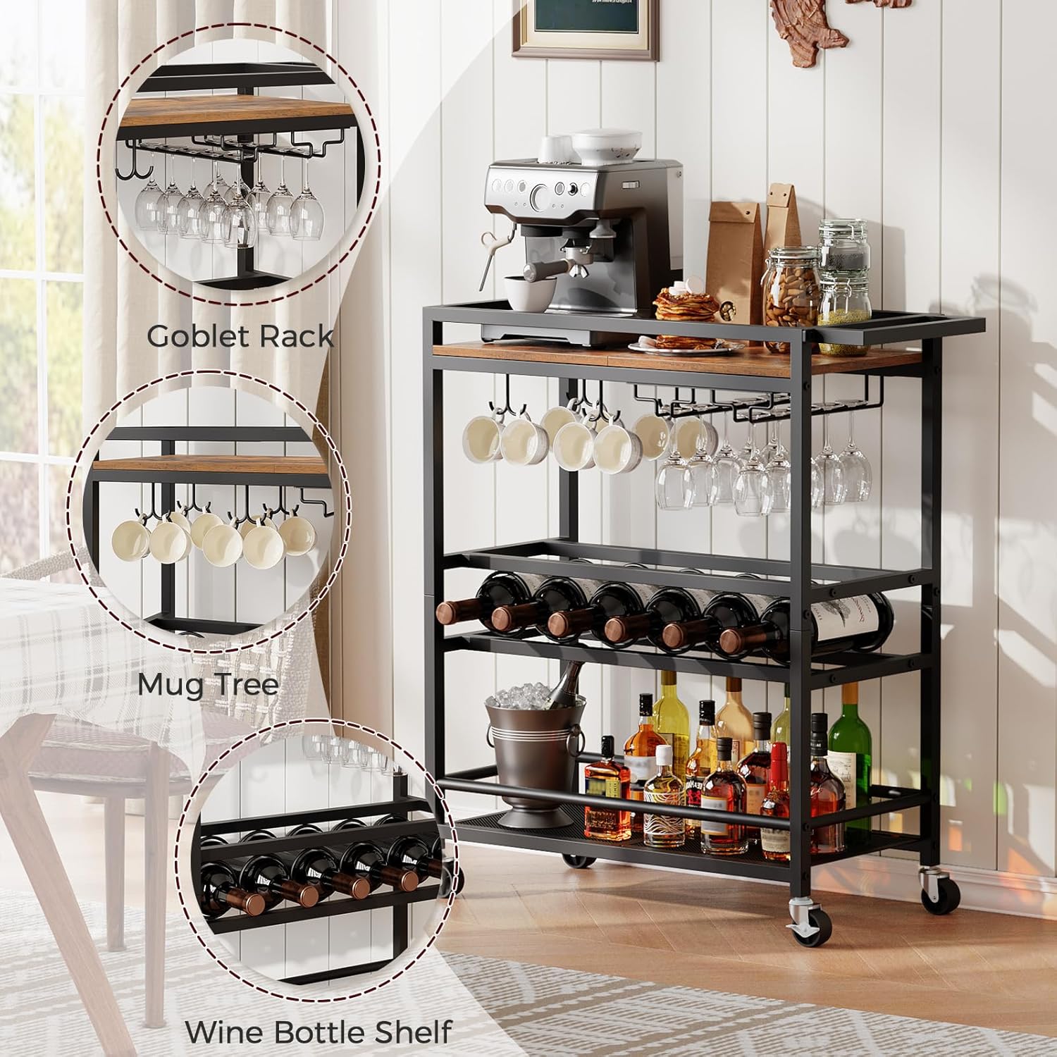 Bar Cart for Home, 3-Tier Serving Cart with Wine Rack, Rolling Wine Cart with Glass Holders, Beverage Cart, for Living Room, Dining Room, Rustic Brown and Black RCHR11801 - Image 7