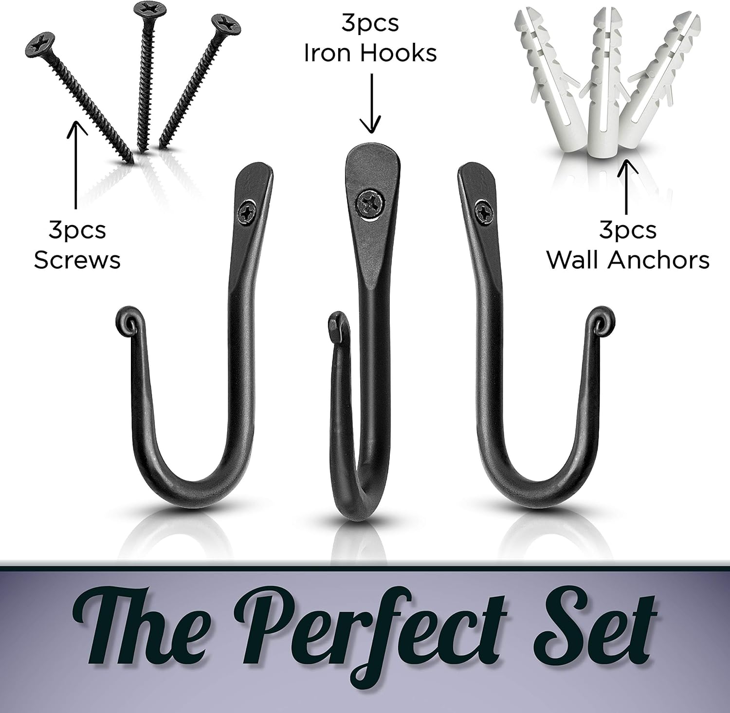 Decorative Hooks for Wall - Wall Hooks for Hanging Coats, Hats, & Bags, Versatile Towel Hooks for Bathrooms or Kitchen - Wrought Iron Hanging Hooks - Pack of 3, Black - 2 x 0.35 x 3.75 Inches - Image 3