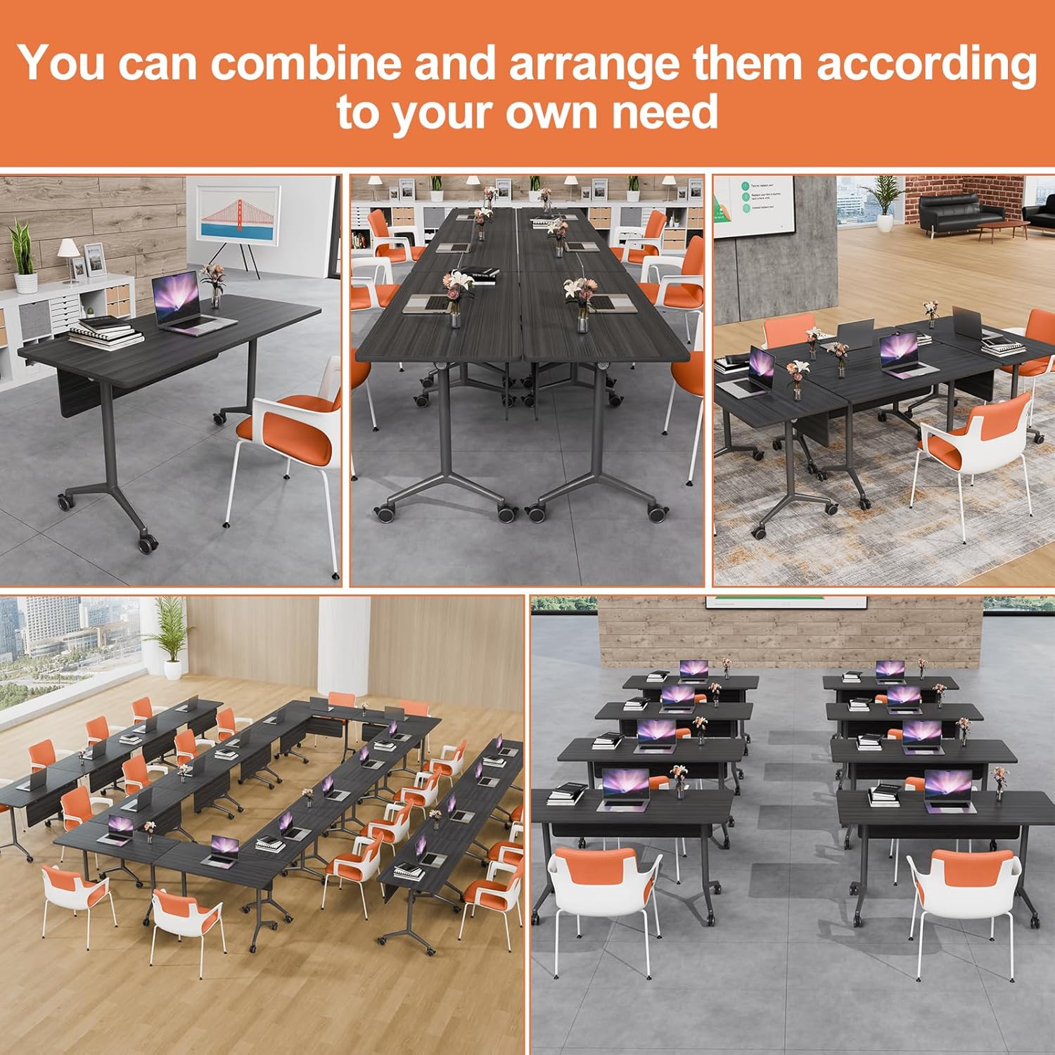 Folding Conference Room Tables,Mobile Training Table with Wheels - Rectangular Large Business Seminar Furniture Tables for Office,Meeting Room,School,Wooden (6, Black A, 61IN) - Image 7