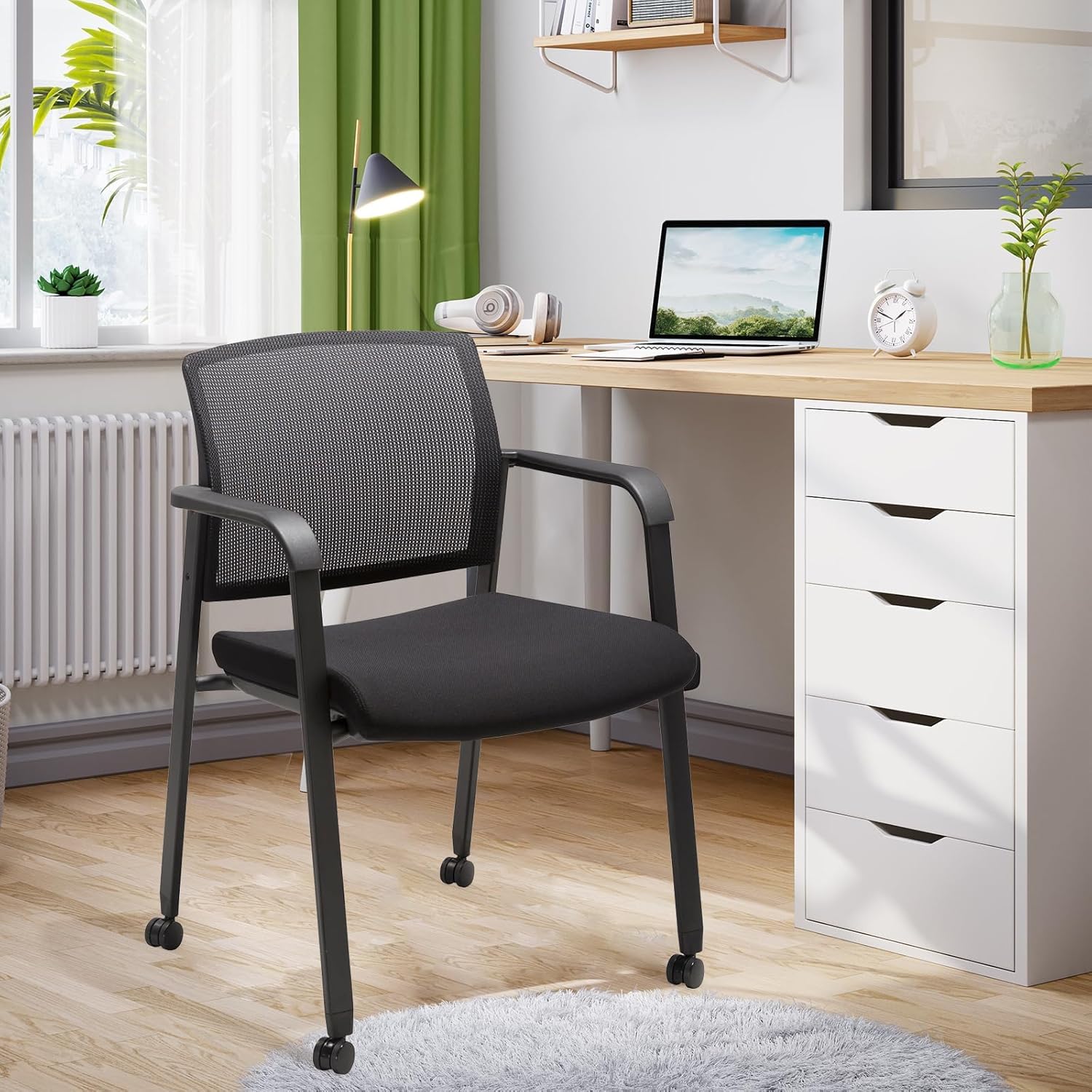 CLATINA Mesh Back Guest Reception Arm Chairs with Wheels, Waiting Room Chairs with Upholstered Fabric Seat and Ergonomic Lumbar Support for Office, 8PK - Image 9