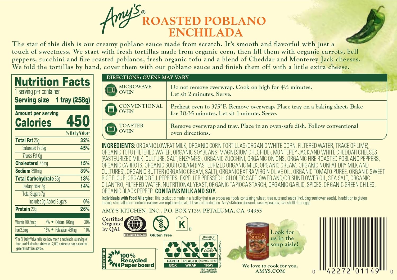 Amy's Frozen Meals, Roasted Poblano Enchilada Entree, Gluten Free, 9.1 oz. - Image 2