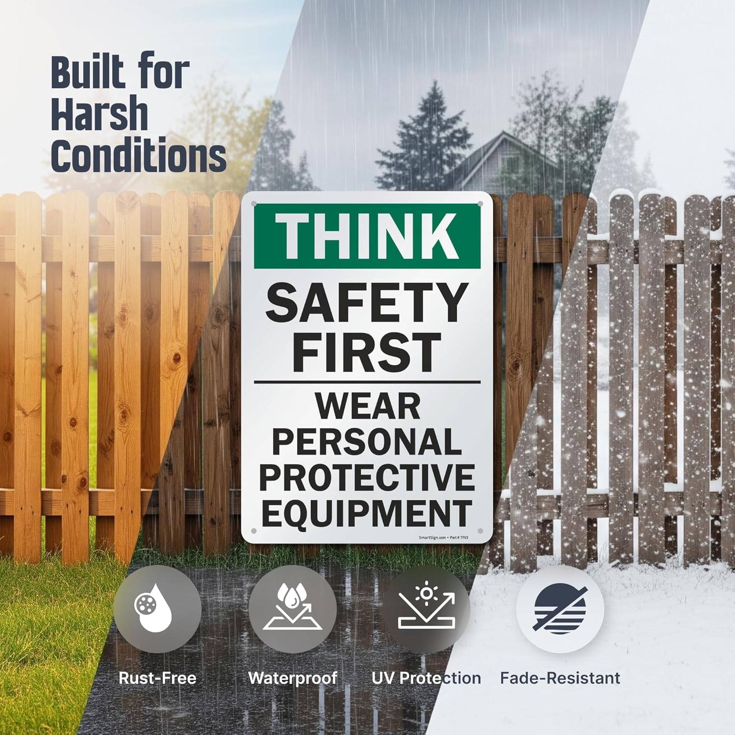 SmartSign - S-2917-AL-14 "Think Safety First - Wear Personal Protective Equipment" Sign | 10" x 14" Aluminum 10" x 14" Non-Reflective Aluminum - Image 4