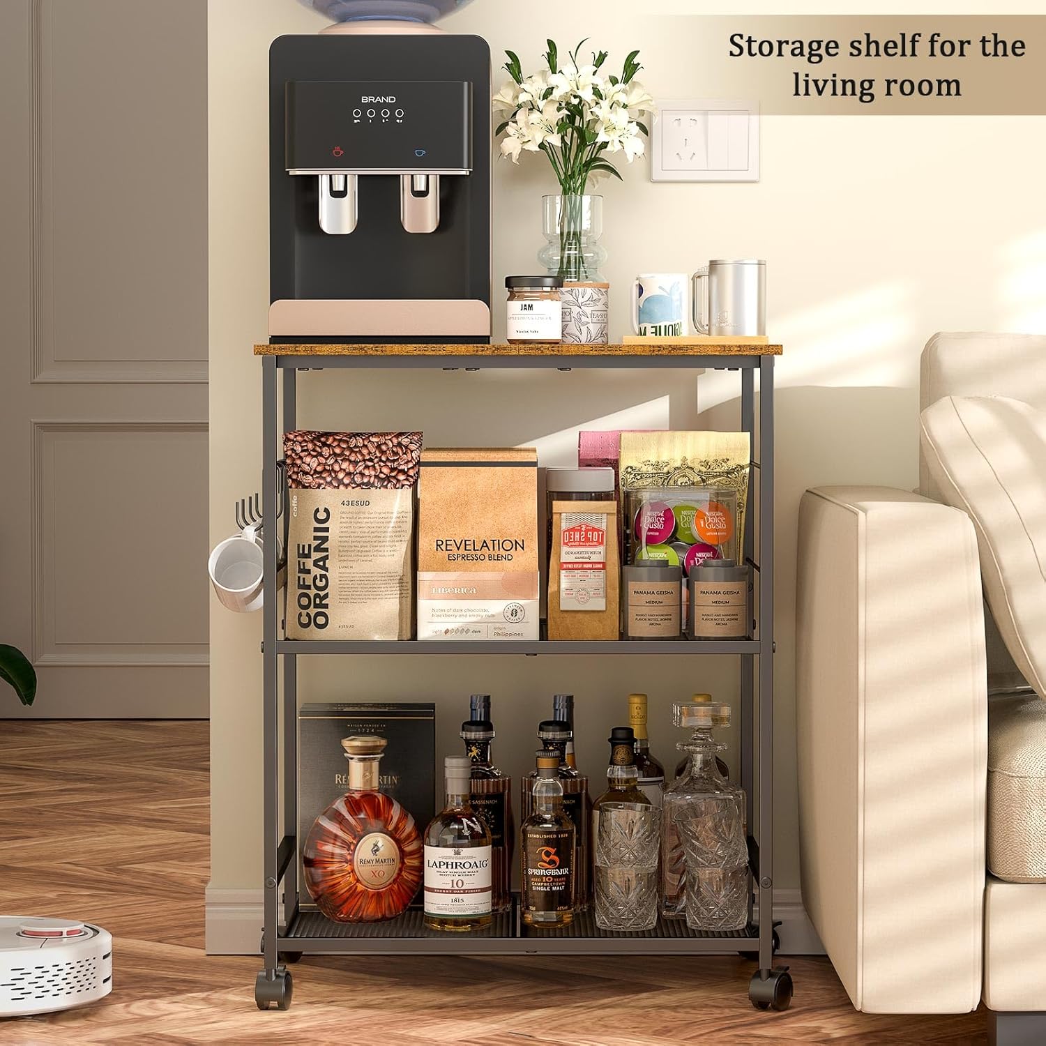Rolling Kitchen Microwave Cart, 3 Tier Microwave Table Stand with Storage, Kitchen Utility Cart on Lockable Wheels, Small Coffee Cart Shelf Rack Organizer for Living Room Office, Balcony - Image 6