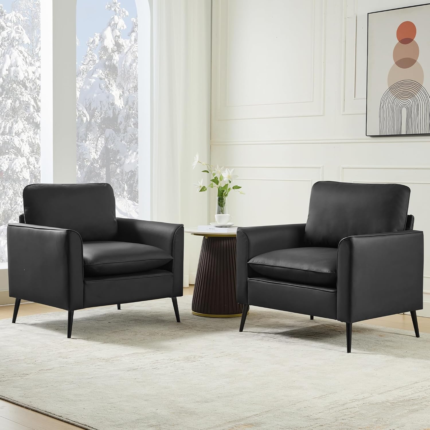 TYBOATLE Accent Chairs Set of 2, Black Leather Accent Chair, Comfy Living Room Chair, Cozy Reading Sitting Chair, Mid Century Modern Accent Chairs, Arm Reception Chairs, Office Furniture - Image 9