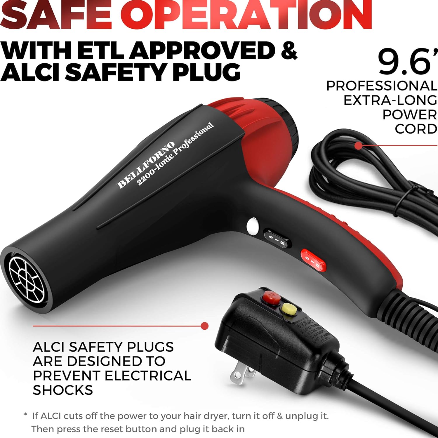 Professional Ionic Salon Hair Dryer, 2200 Watt Powerful AC Motor Ceramic Tourmaline Ion Blow Dryer, Quiet Hair Dryers with Diffuser & 2 Concentrator Nozzle Attachments Black/Red - Image 8
