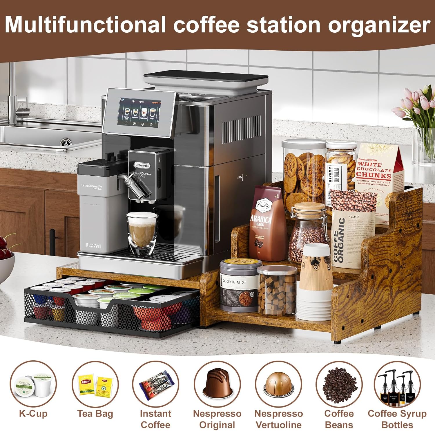 Coffee Station Organizer with K Cup Holder, 28 Pod Capacity,3-Tier Syrup Rack with Coffee Pod Holder Drawer, Coffee Bar organizer Countertop for Accessories,Rustic Brown - Image 4