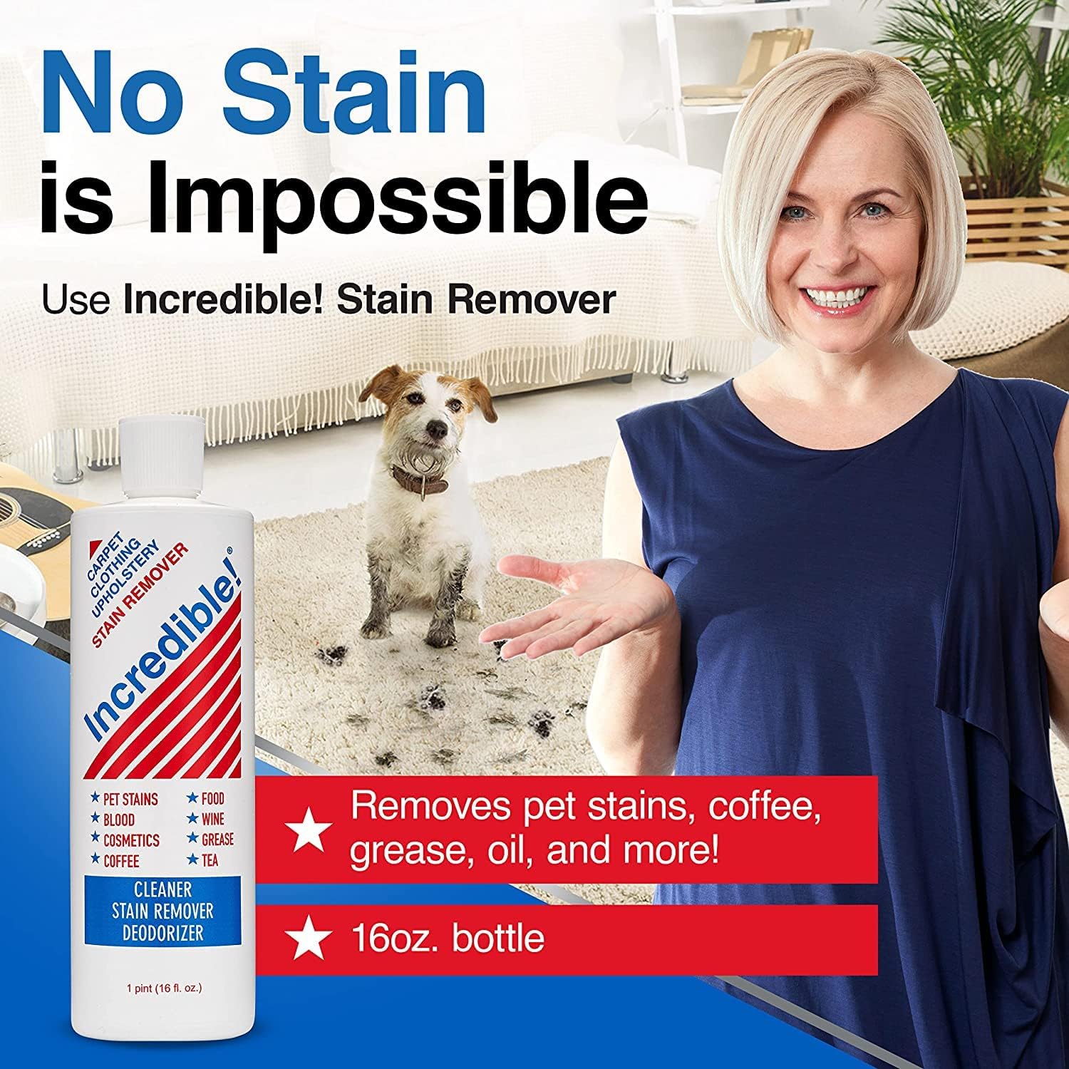 INCREDIBLE! Stain Remover - Instant Spot Remover For New and Old Stains - Blood, Red Wine, Coffee, Urine, Cosmetics, Pet Stains and Odor Eliminator - Carpets, Mattress, Laundry, 16.oz (2 Pack) - Image 2