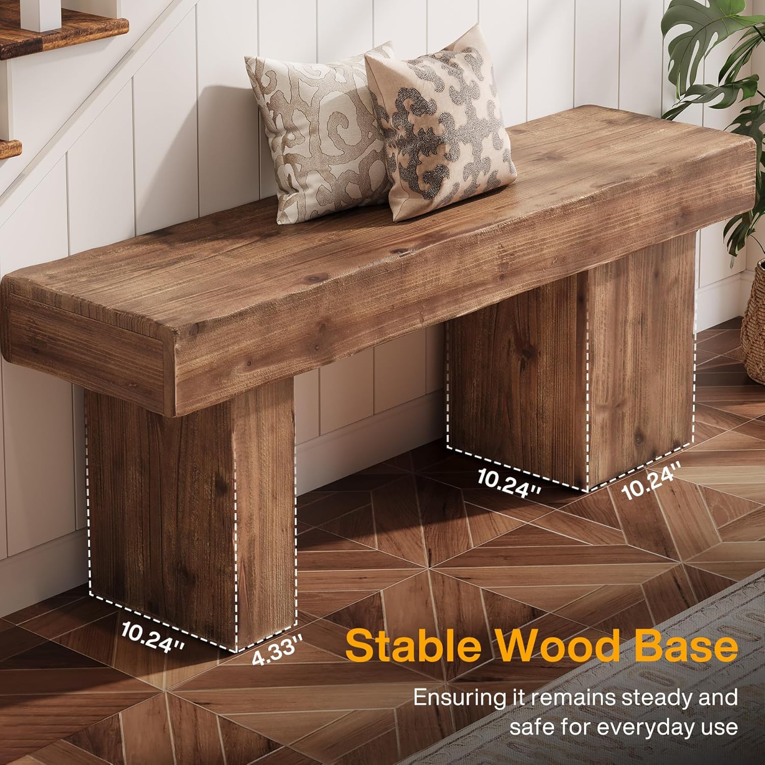 Thickened Solid Wood Bench, 47" Rustic Farmhouse Entryway Bench with Artistic Legs, Heavy Duty Dining Bench for Kitchen, Living Room, Hallway, End of Bed, Natural Wood - Image 8