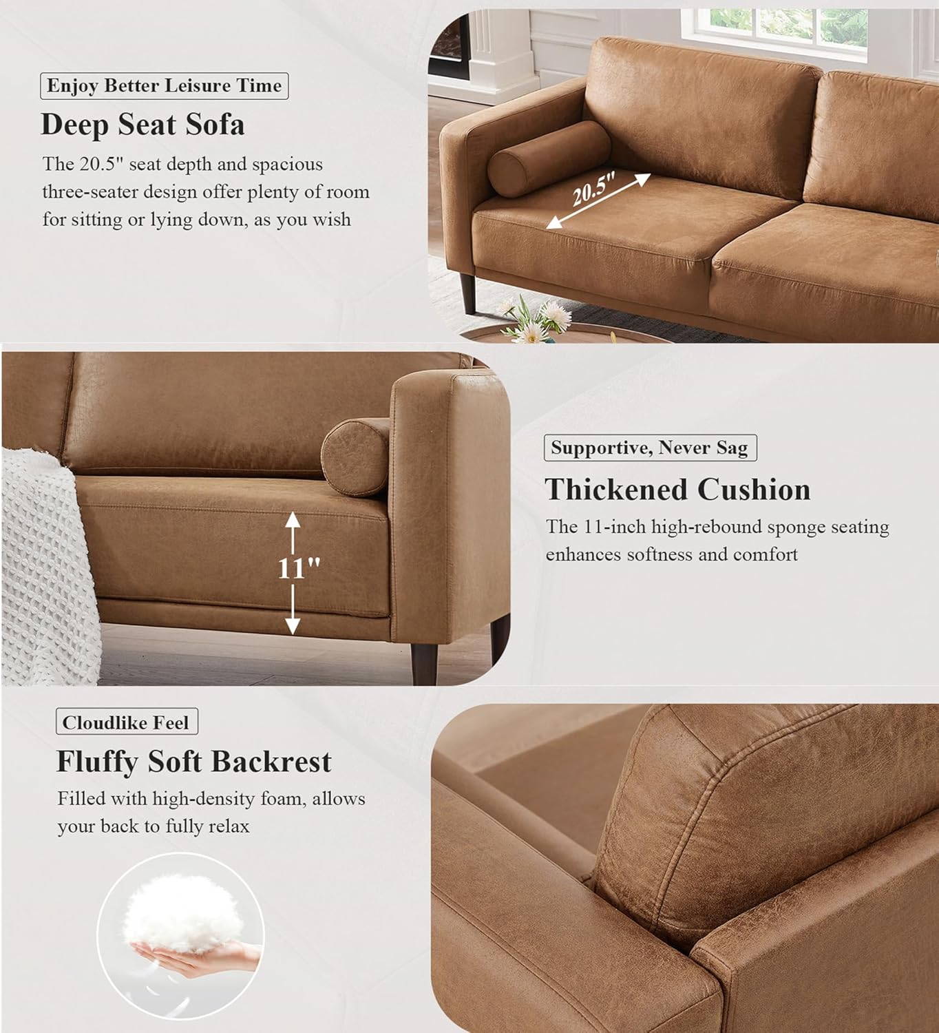 HIFIT Sofa Couches, 79” Mid-Century Modern Couch, Breathable Faux Leather Couch with Upholstered Cushions/Pillows, 3-Seat Sofas & Couches, for Living Room Apartment Office, Brown - Image 4