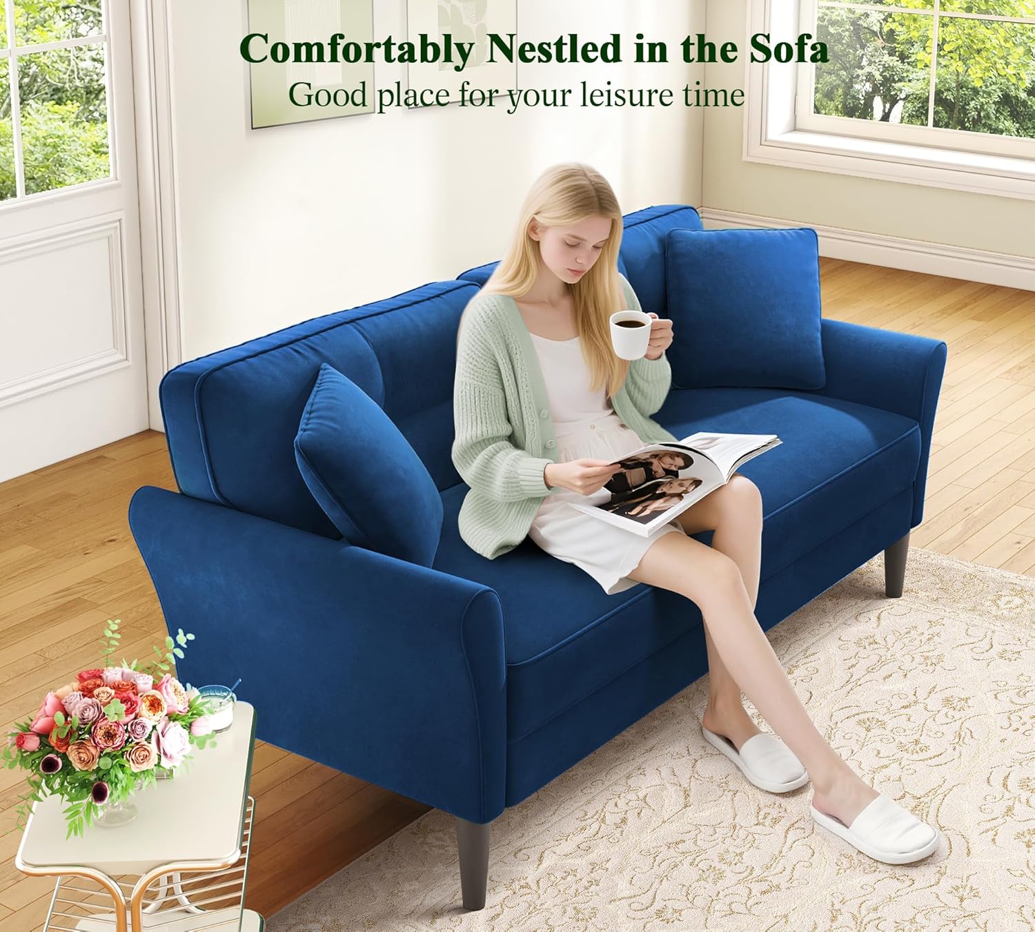 69" Loveseat Sofa, Velvet Small Couches for Small Spaces, Love Seat Couches with 2 Pillows, Tool-Free Setup Loveseats, 700lb Load Sofas for Living Room, Mini Couch for Bedroom, Comfy Sofa Couch, Blue - Image 6