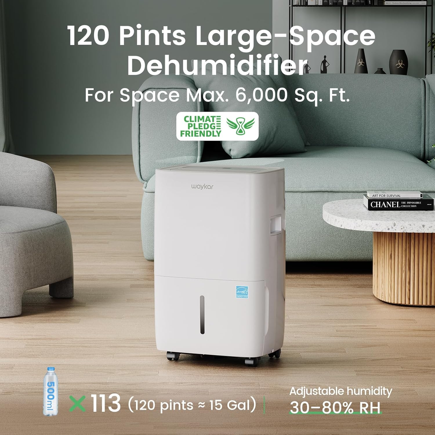 Waykar 120 Pints Energy Star Dehumidifier for Spaces up to 6,000 Sq. Ft at Home, in Basements and Large Rooms with Drain Hose and 1.14 Gallons Water Tank - Image 2