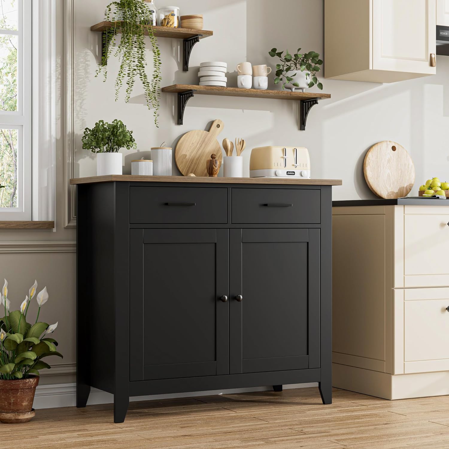 HORSTORS Kitchen Storage Cabinet, Modern Farmhouse Buffet Cabinet with Storage, Coffee Bar with 2 Drawers and 2 Doors, Floor Sideboard Buffet for Living Room, Dining Room, Bathroom, Black/Rustic Brown - Image 4