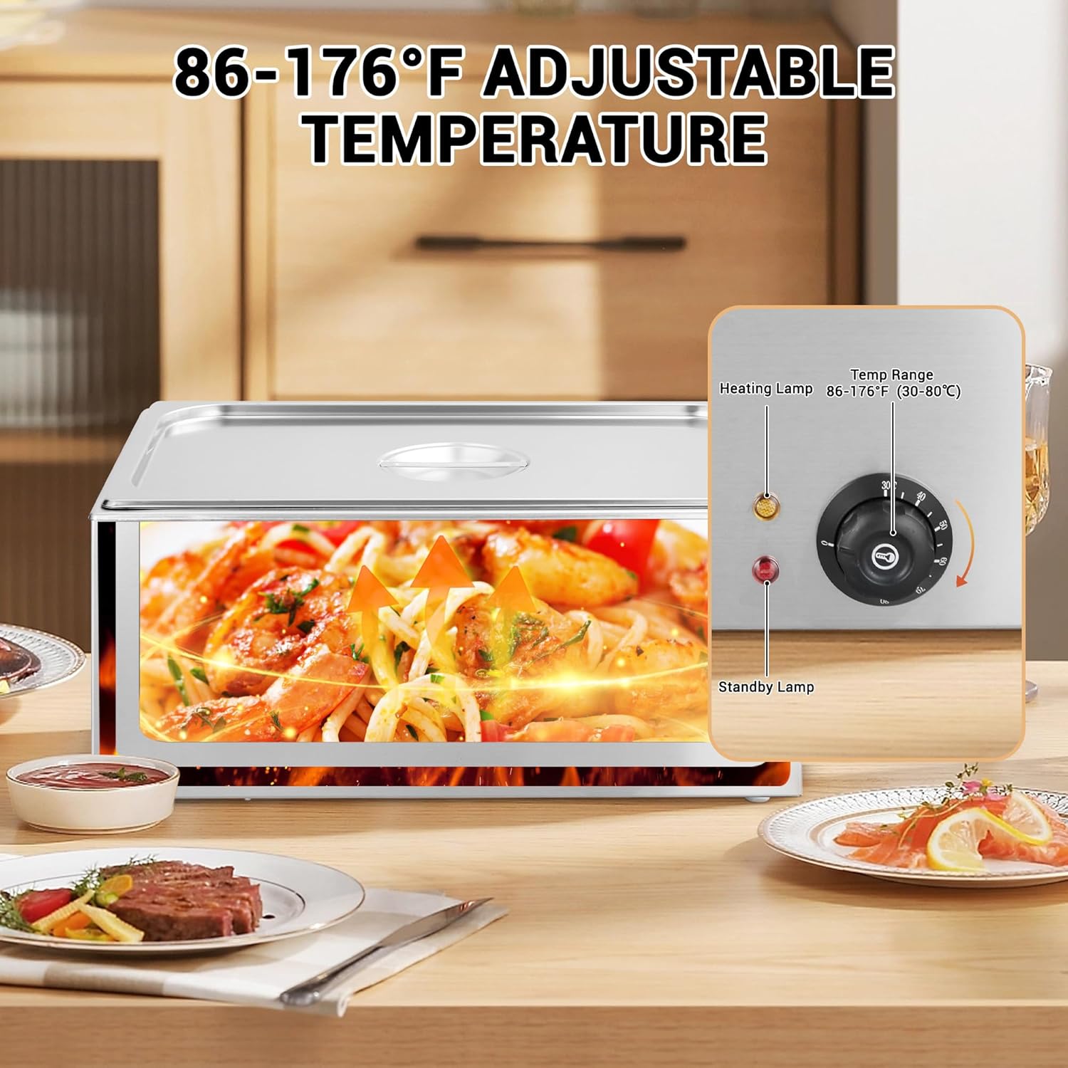 21QT 1 Pan Electric Commercial Food Warmer, 200W Stainless Steel Bain Marie Buffet Steam Table with Lid and Ladle, for Catering Restaurant, Silver - Image 4