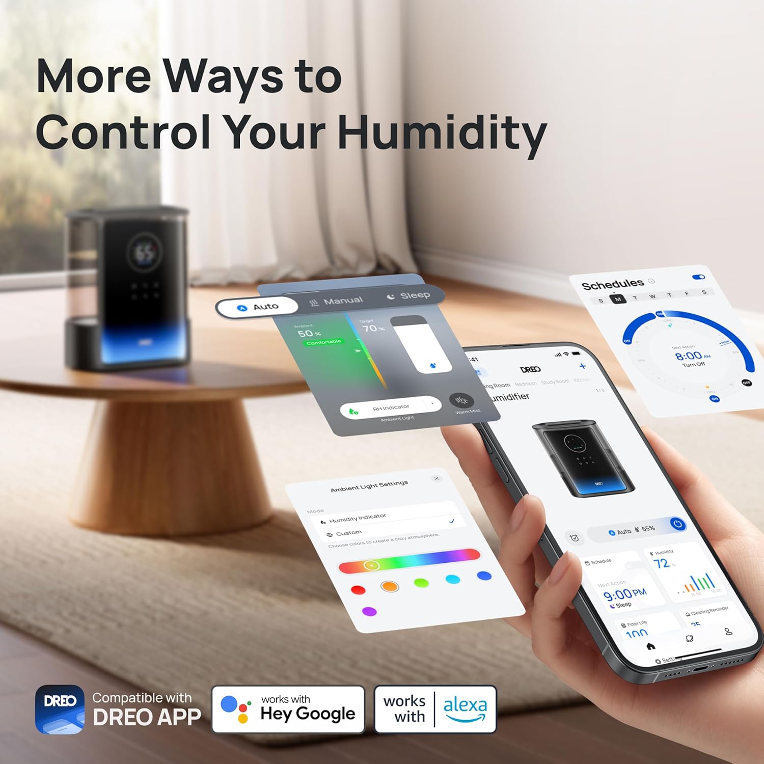 DREO 8L Smart Humidifiers for Bedroom 600ft², 80H Runtime Warm&Cool Supersized Mist Humidifier for Large Room Indoor, Quiet Whole House humidifier for Baby, Plants, with Alexa/Google, Black, HM717S - Image 6