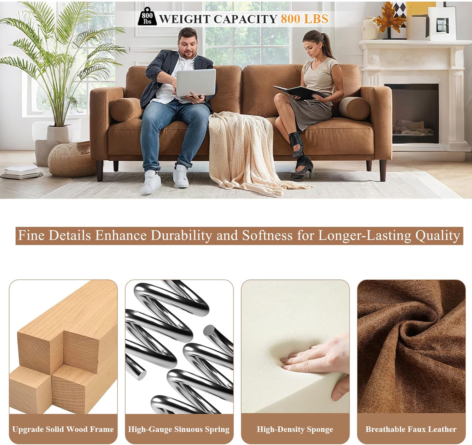 HIFIT Sofa Couches, 79” Mid-Century Modern Couch, Breathable Faux Leather Couch with Upholstered Cushions/Pillows, 3-Seat Sofas & Couches, for Living Room Apartment Office, Brown - Image 5