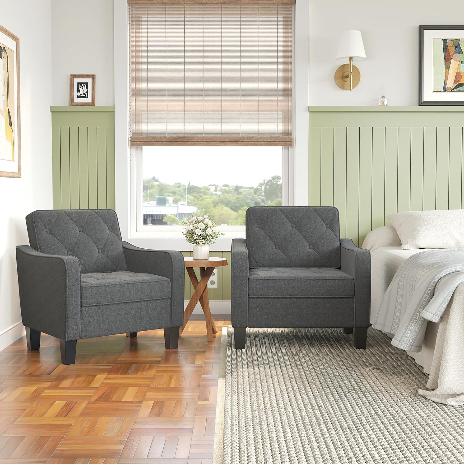 STHOUYN Living Room Chairs Grey Accent Chairs Set of 2, Waiting Room Arm Chairs, Reading Chairs for Bedroom Comfy Club Chair Tufted, Office Small Space (2, Grey) - Image 8