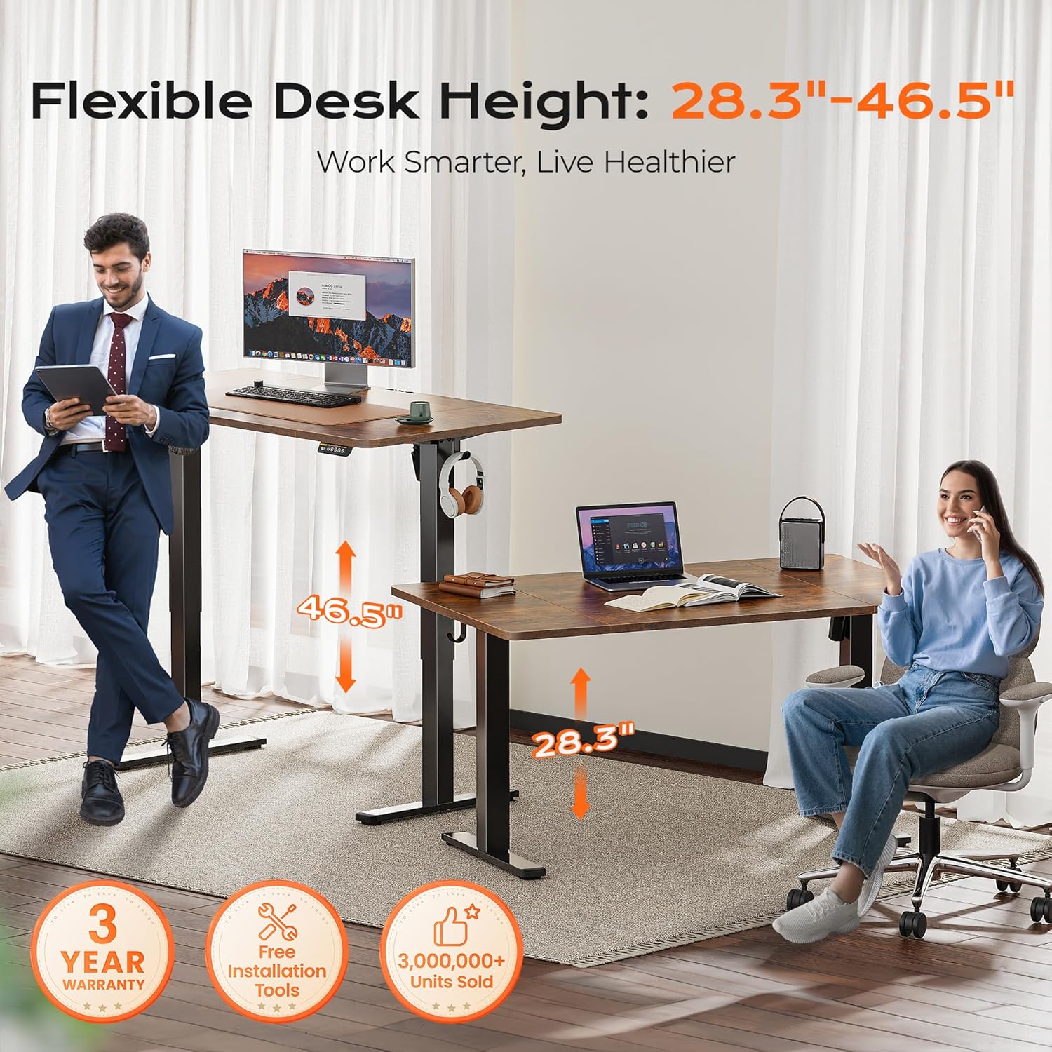 Huuger 55 x 28 Large Electric Standing Desk, Height Adjustable Computer Desk, 27.6" Deep Desktop, Stand up Gaming Office Desk with 2 Hooks, 3 Preset Heights, for Home Office, Rustic Brown - Image 3