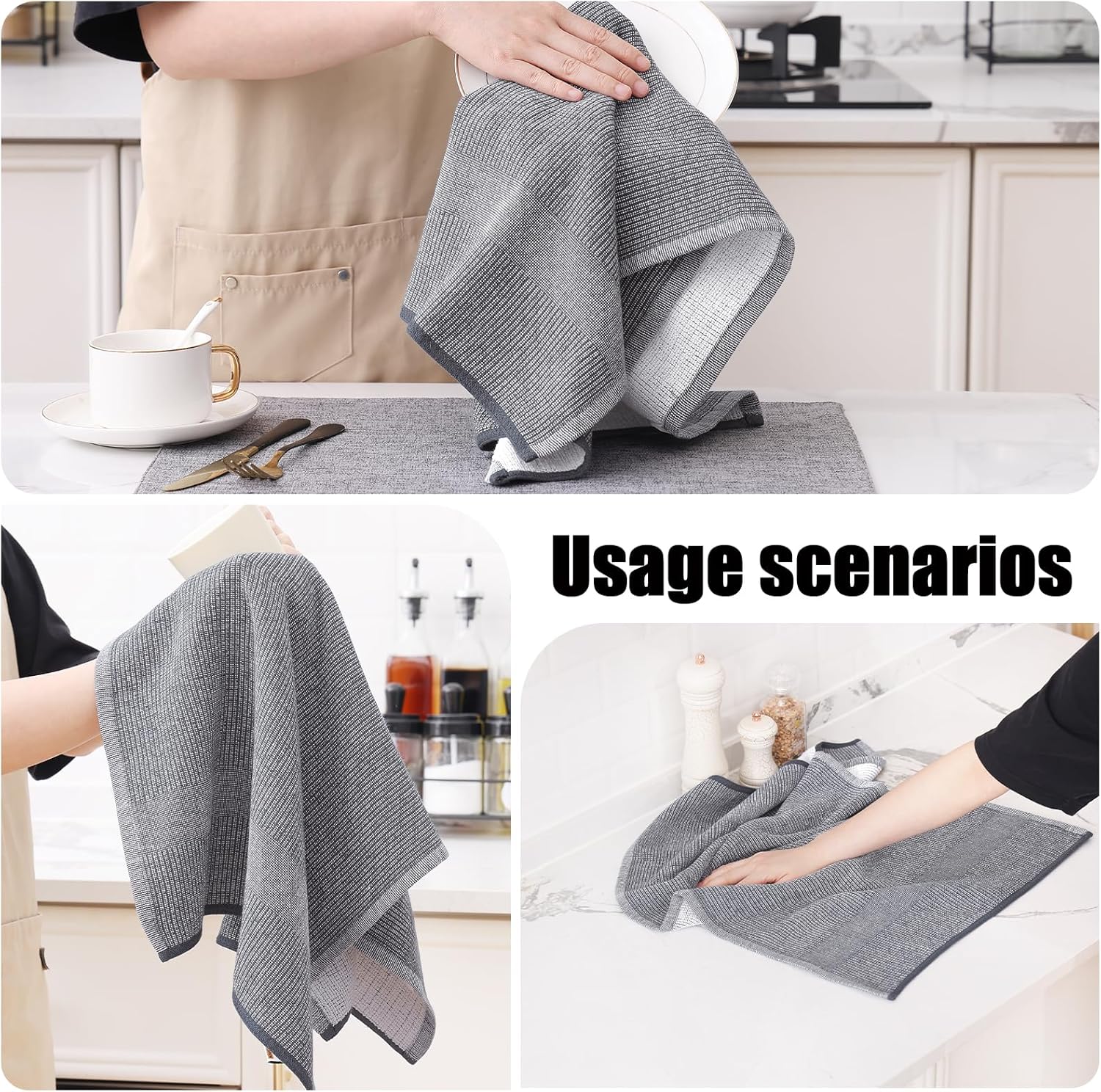 Homaxy Premium Kitchen Towels(18”x 28”, 6 Pack), Large Cotton Kitchen Hand Towels, Flat and Terry Dish Towels, 380 GSM Highly Absorbent Tea Towel Set with Hanging Loop, Grey - Image 4