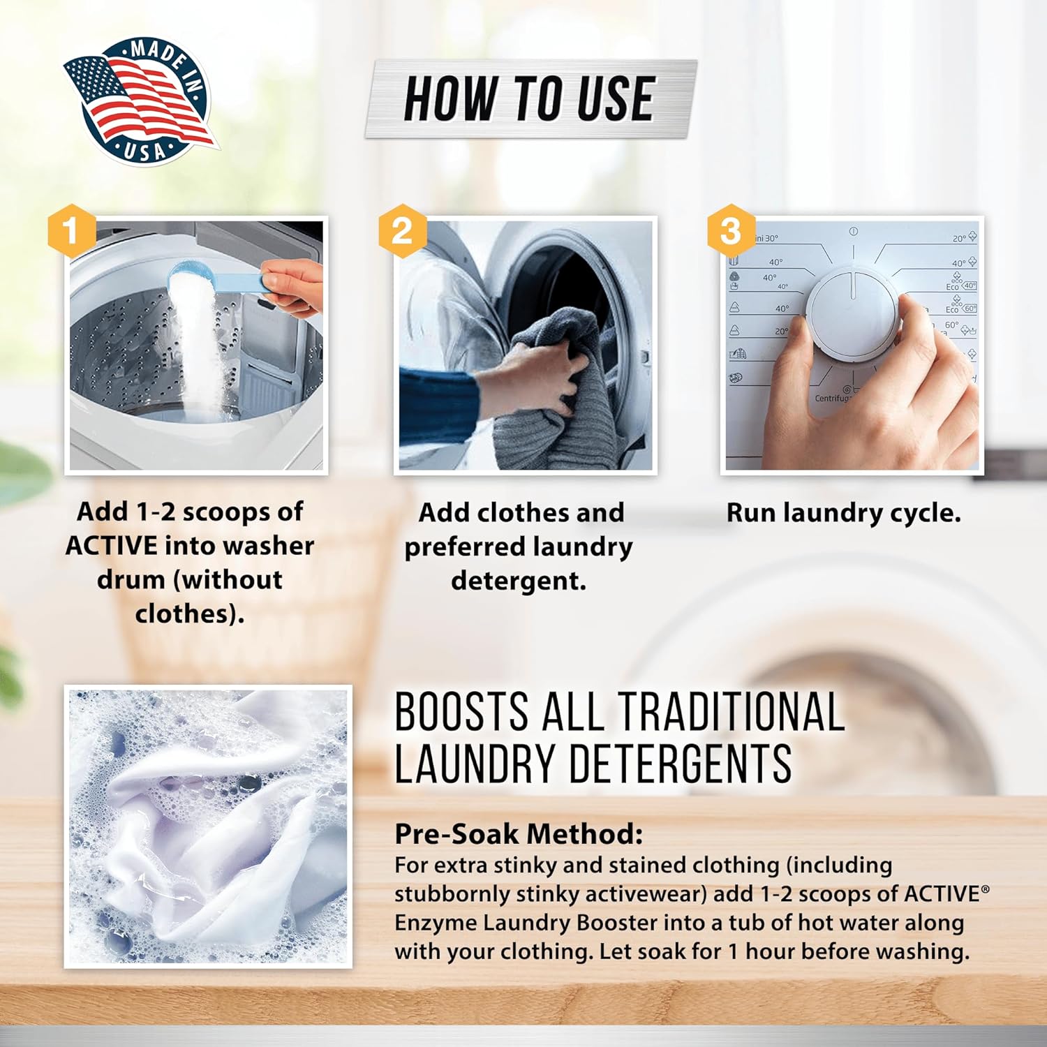 Enzyme Laundry Booster Odor Remover - 2 lbs Unscented Enzymatic Clothes Stain Cleaner Powder, Natural Deodorizer with Bio Active Enzymes, Detergent Additive Eliminator for Sweat, Oil, Blood - 64 Loads - Image 3
