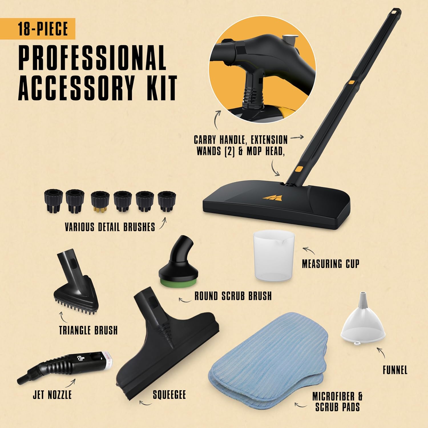 McCulloch MC1275 Heavy-Duty Steam Cleaner, 45 Minute Runtime, 18 Accessories: Mop Head, Brushes, & More - Built for Home, Tile, Grout, Carpet, Furniture, & Personal Car Detailing - Image 3